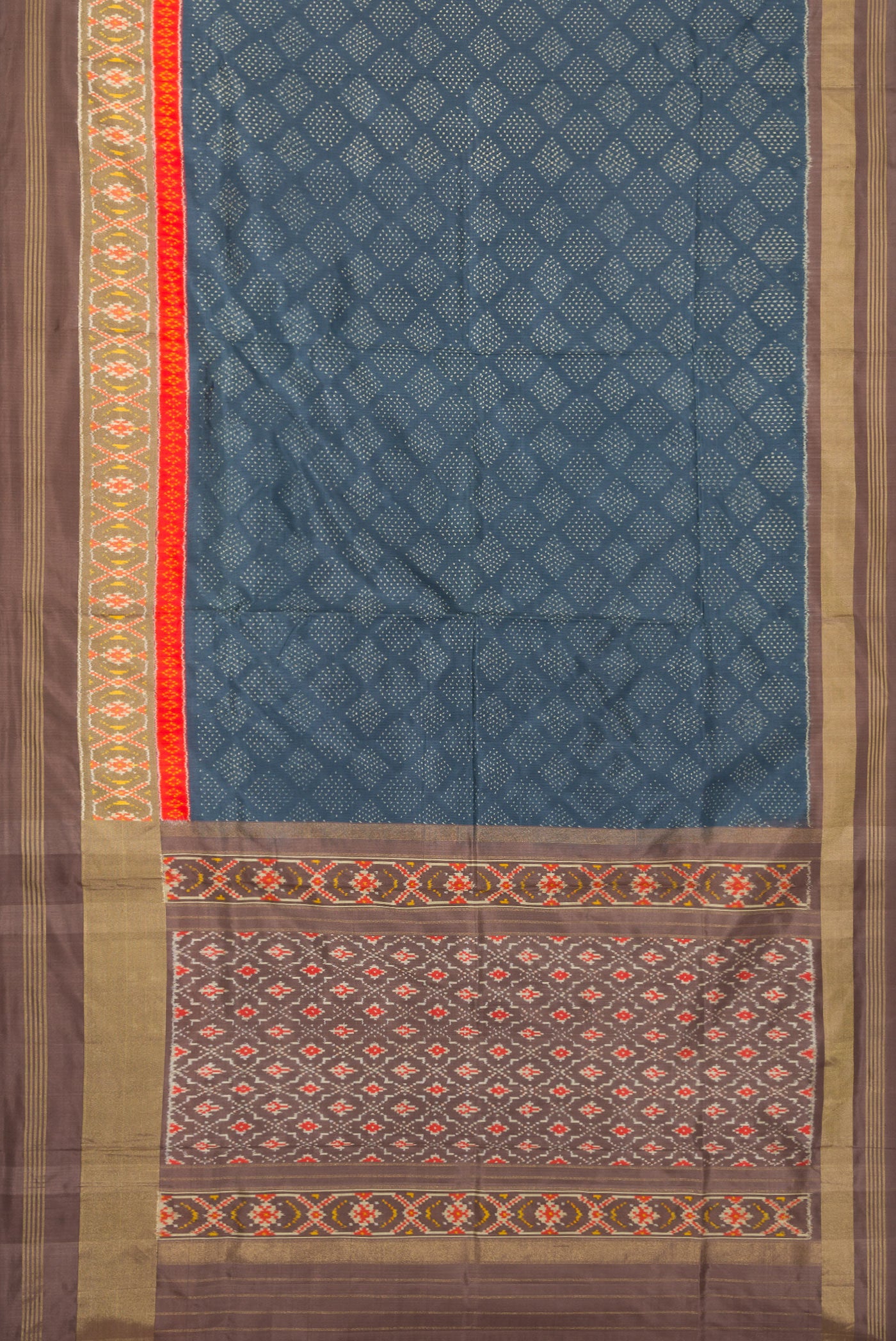 Flat view of Grey Dual Tone Double Ikat Saree with Ikat Print on the body and Ikat Border. 