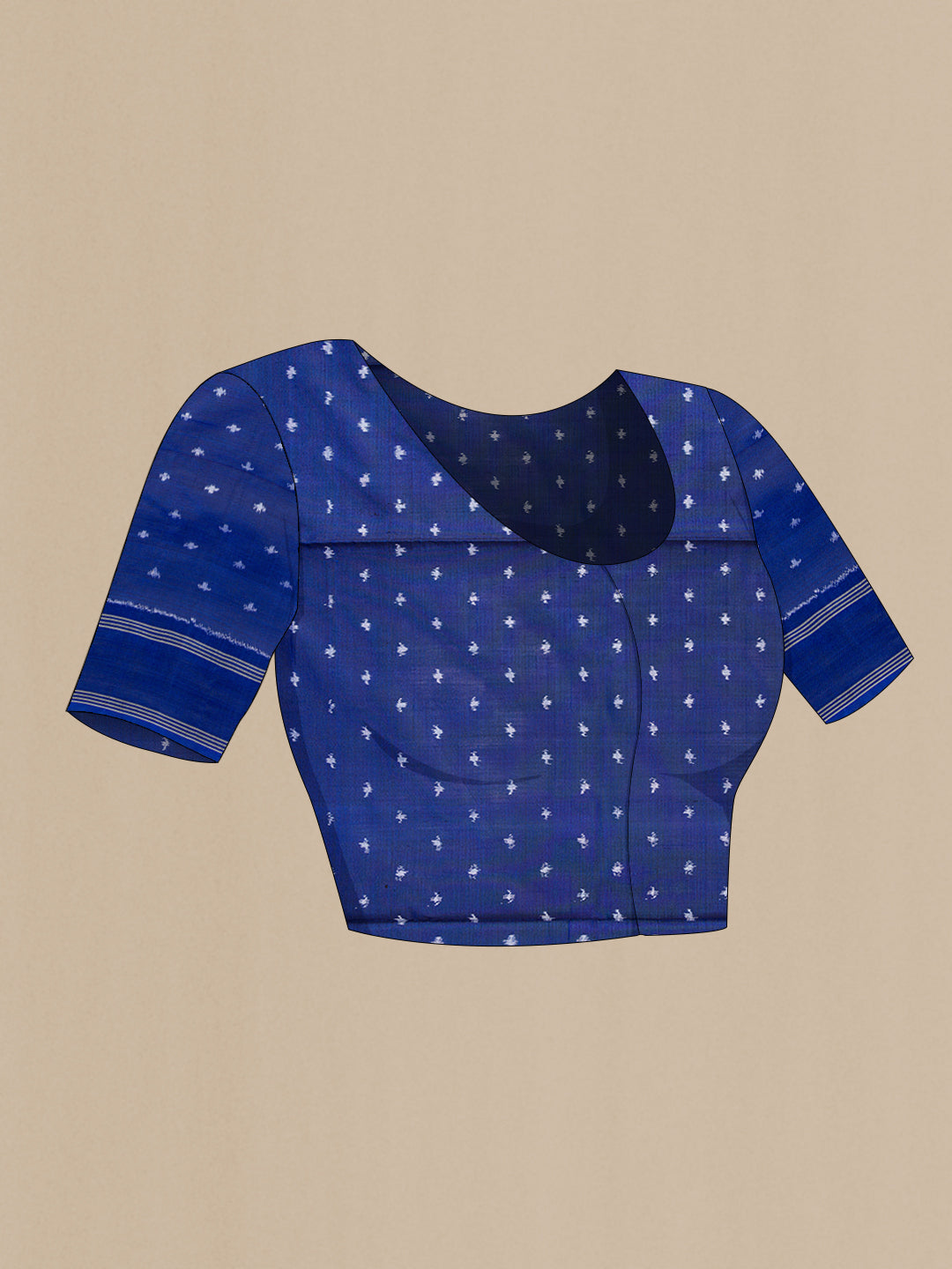 Close up image of the blouse of Royal Blue Dual Tone Double Ikat Saree with Ikat Print on the body and Plain Border. 
