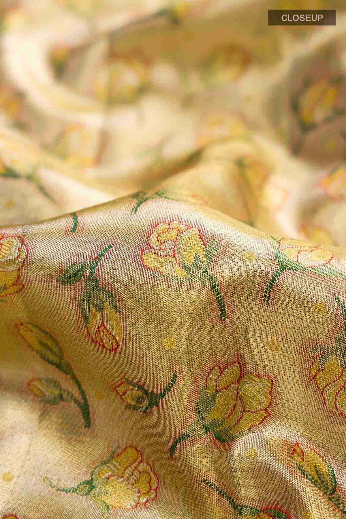 Close up of Gold with Green Color Kanchipuram Tissue Silk Saree with Zari Brocade on the body and Zari Border displaying folds