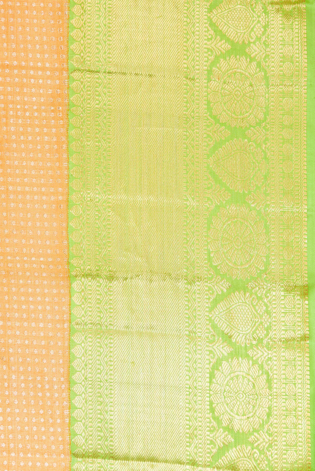 Border image of Golden Peach Dual Tone Kanchipuram Tissue Silk Saree with Zari Brocade on the body and Zari Border. 