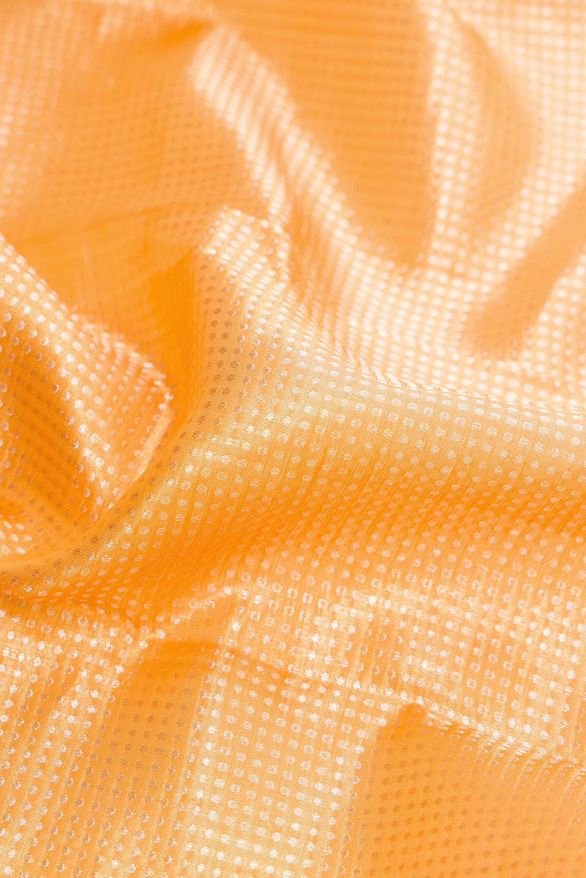 Close up of Golden Peach Dual Tone Kanchipuram Tissue Silk Saree with Zari Brocade on the body and Zari Border.  displaying folds