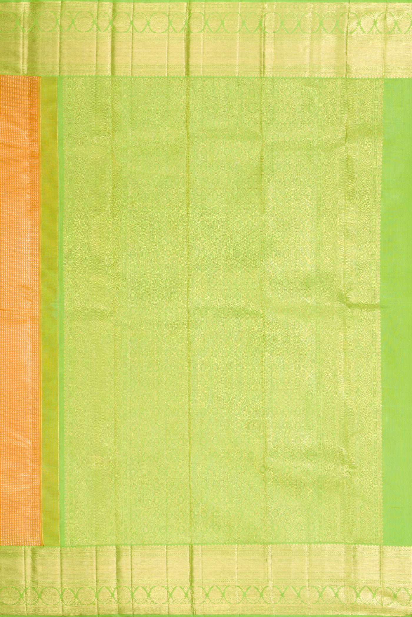 Close up image of the pallu of Golden Peach Dual Tone Kanchipuram Tissue Silk Saree with Zari Brocade on the body and Zari Border. 