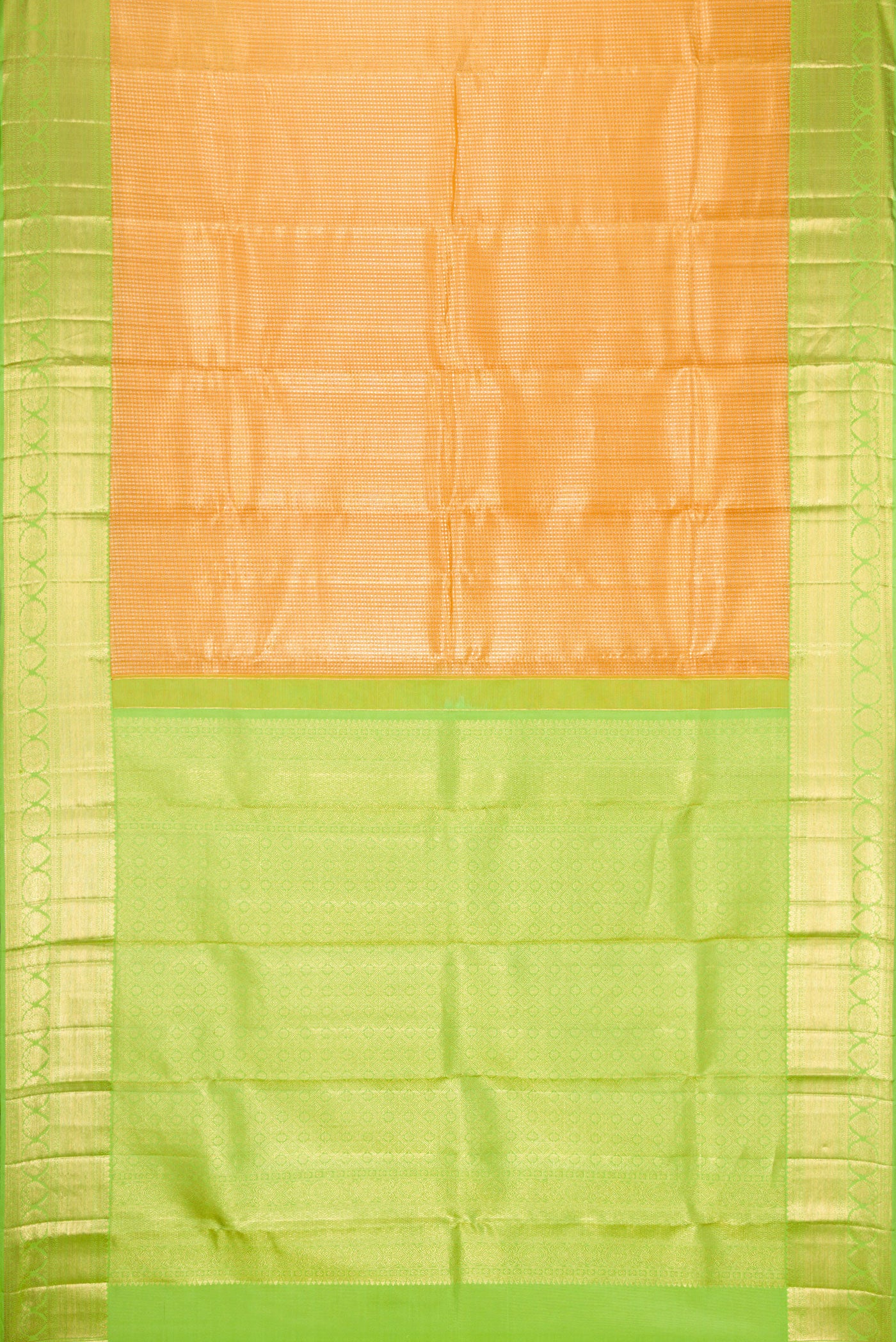 Flat view of Golden Peach Dual Tone Kanchipuram Tissue Silk Saree with Zari Brocade on the body and Zari Border. 