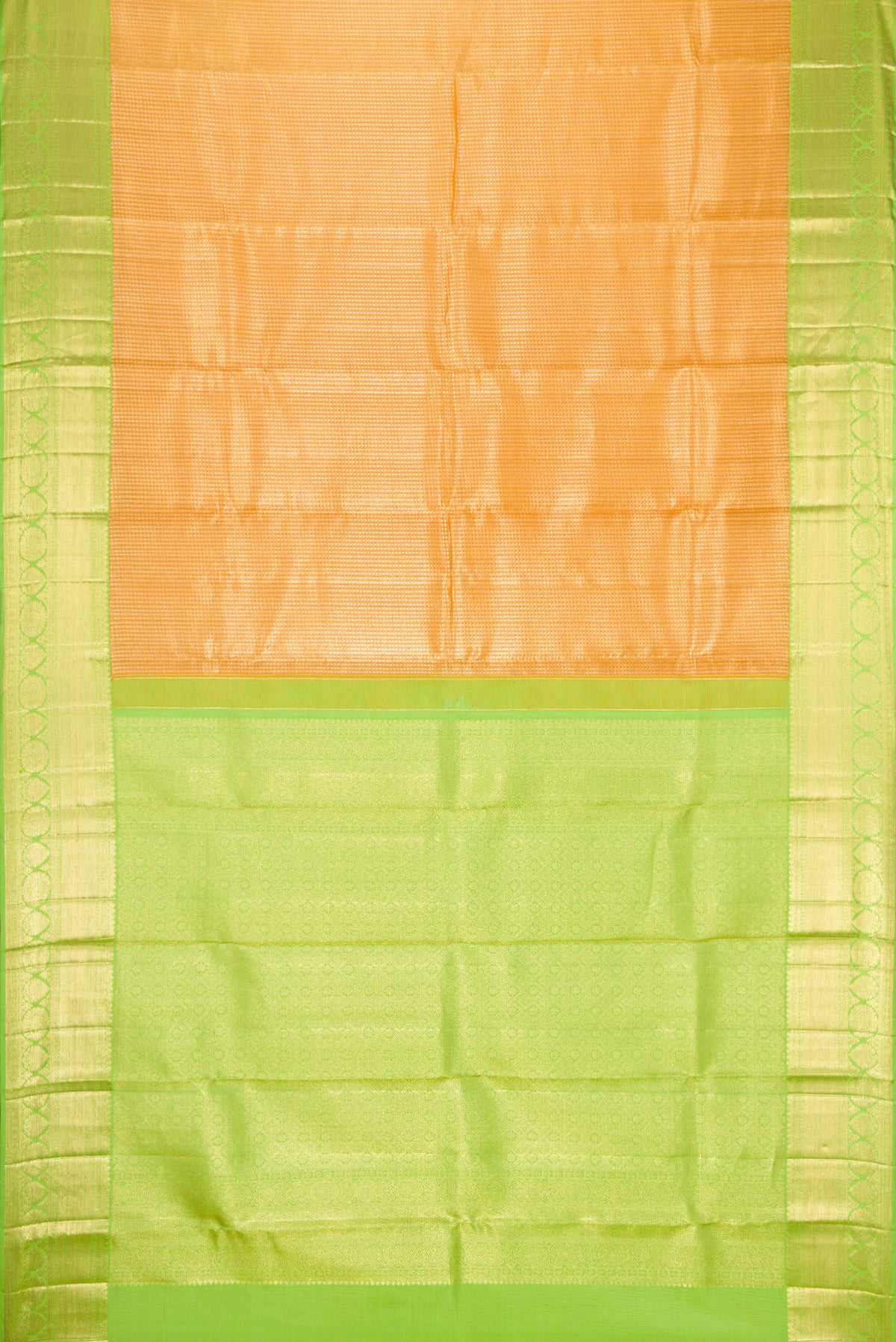 Flat view of Golden Peach Dual Tone Kanchipuram Tissue Silk Saree with Zari Brocade on the body and Zari Border. 