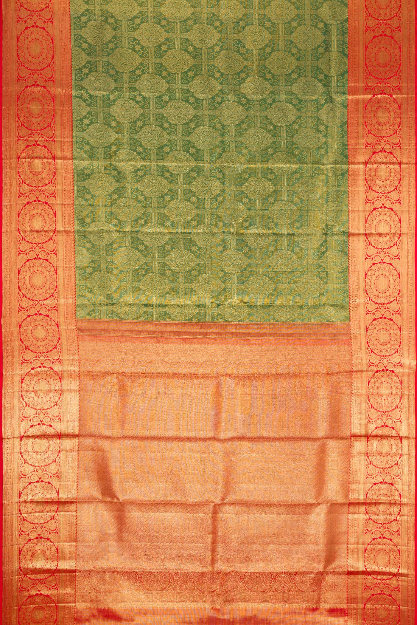 Flat view of Green Dual Tone Kanchipuram Silk Saree with Zari Brocade on the body and Zari Border. 