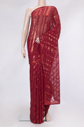 Maroon Dual Tone Mysore Georgette Saree with Embroidery on the body and Embroidery Border.  displayed on a mannequin