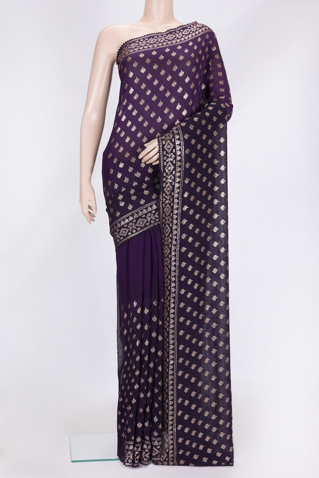 Violet Dual Tone Georgette Saree with Embroidery on the body and Embroidery Border.  displayed on a mannequin