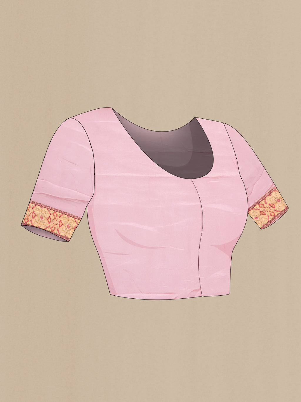 Close up image of the blouse of Peach Dual Tone Mysore Georgette Saree with Embroidery on the body and Embroidery Border. 