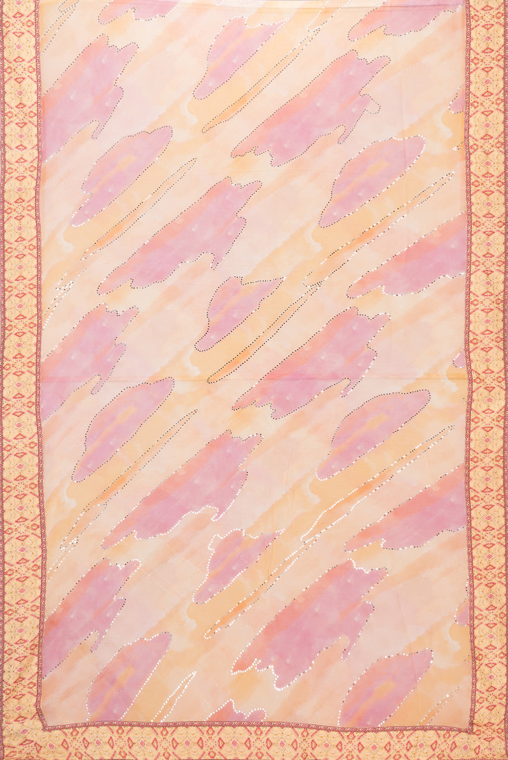 Flat view of Peach Dual Tone Mysore Georgette Saree with Embroidery on the body and Embroidery Border. 