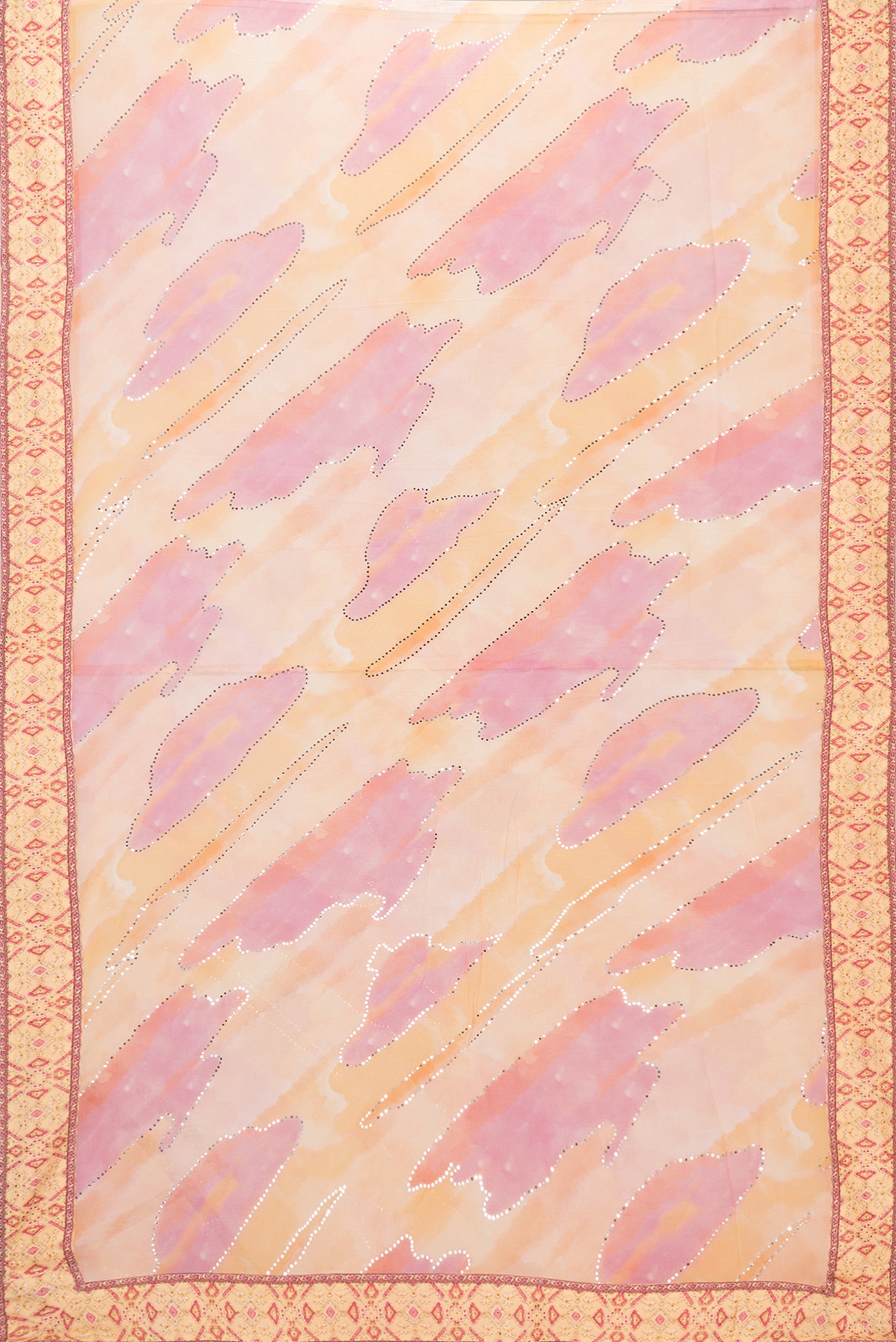Flat view of Peach Dual Tone Mysore Georgette Saree with Embroidery on the body and Embroidery Border. 