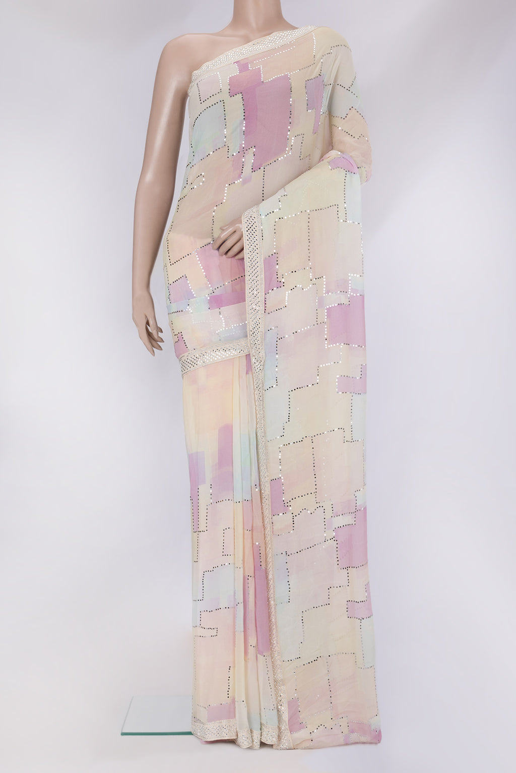 Sandal Georgette Saree with Embroidery on the body and Embroidery Border.  displayed on a mannequin