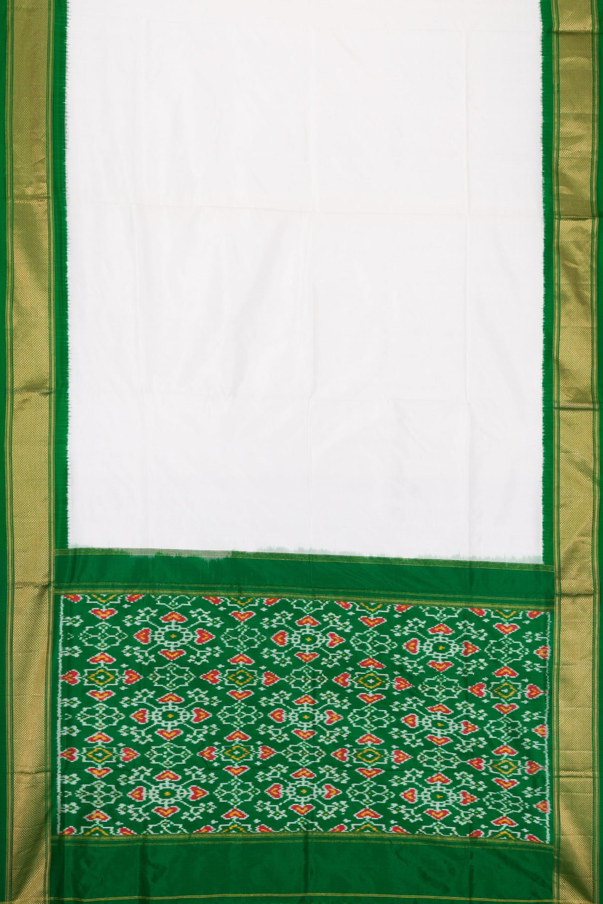 Flat view of Off White Dual Tone Double Ikat Saree with Plain Body and Zari Border. 