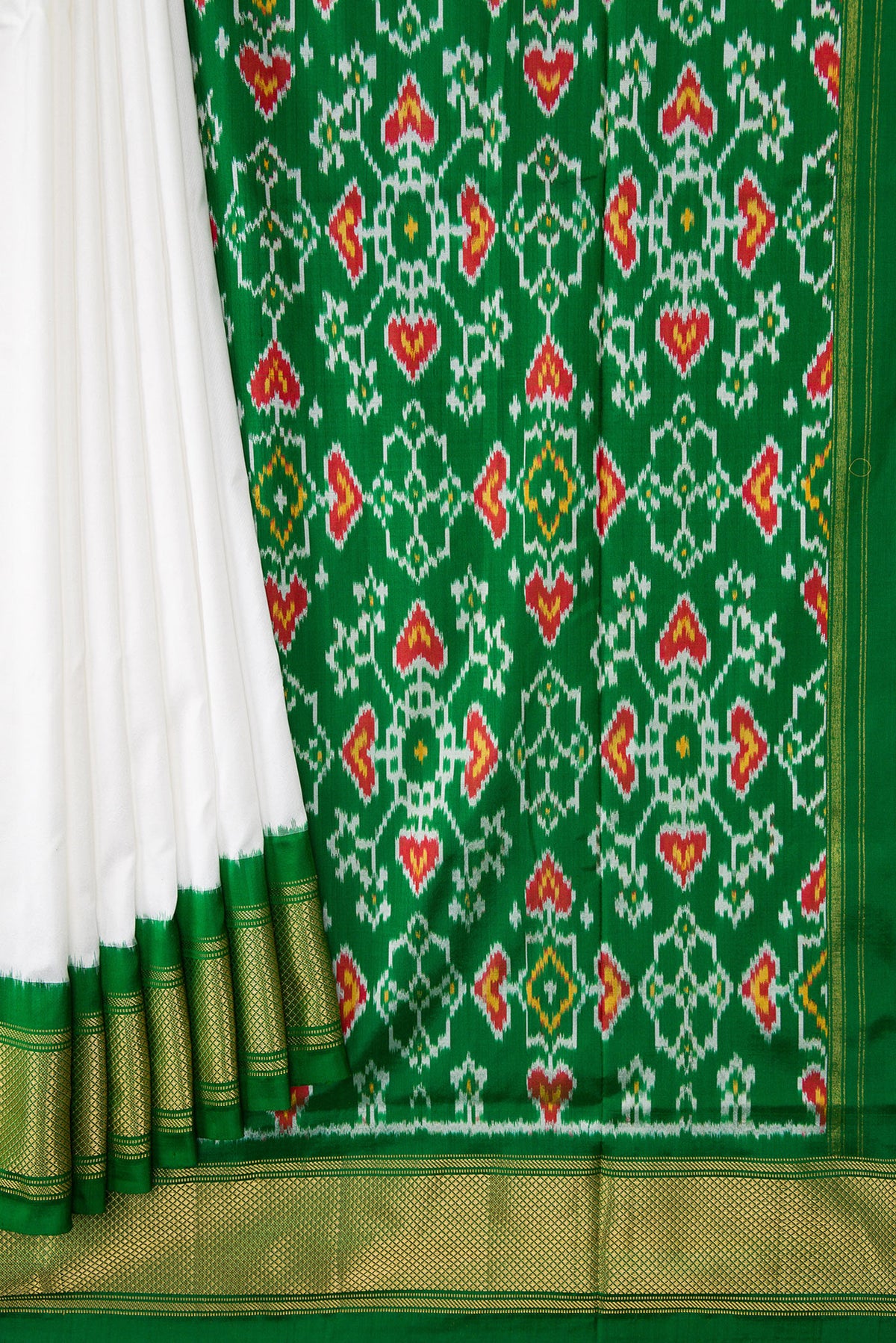 Pleats and pallu of Off White Dual Tone Double Ikat Saree with Plain Body and Zari Border. 