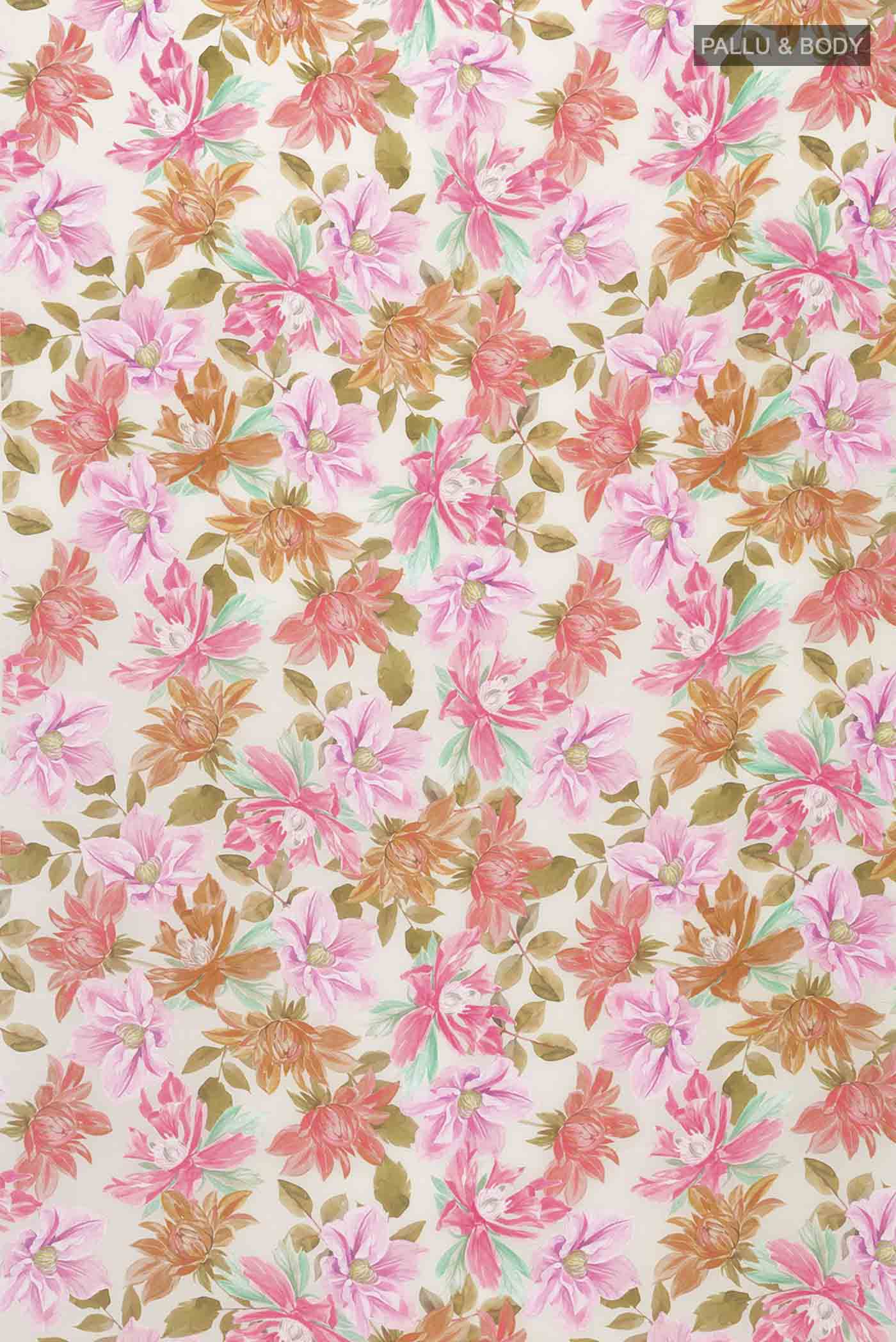 Flat view of Cream Mysore Crepe Saree with Floral Print on the body and Without Border