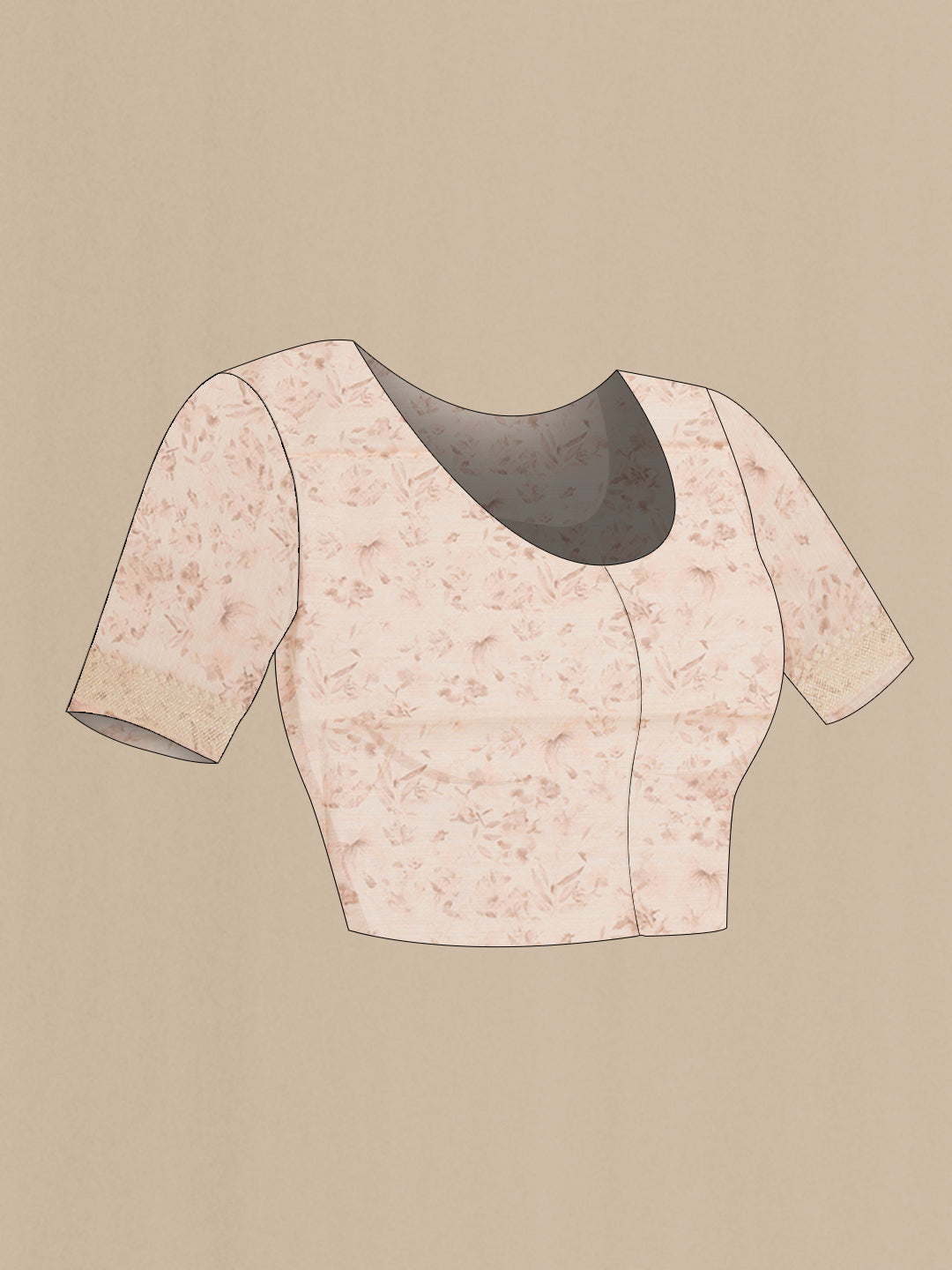 Close up image of the blouse of Beige Chanderi Silk Saree with Printed design on the body and Zari Border. 
