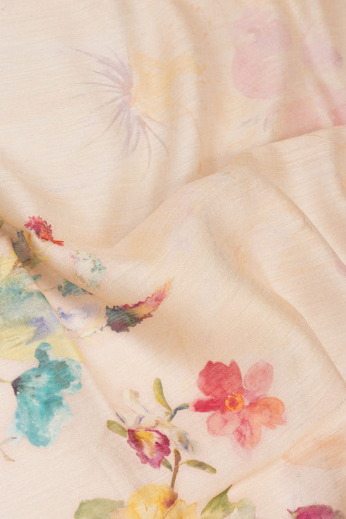 Close up of Beige Chanderi Silk Saree with Printed design on the body and Zari Border.  displaying folds