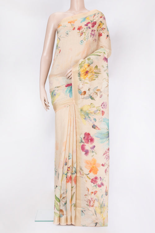 Beige Chanderi Silk Saree with Printed design on the body and Zari Border.  displayed on a mannequin