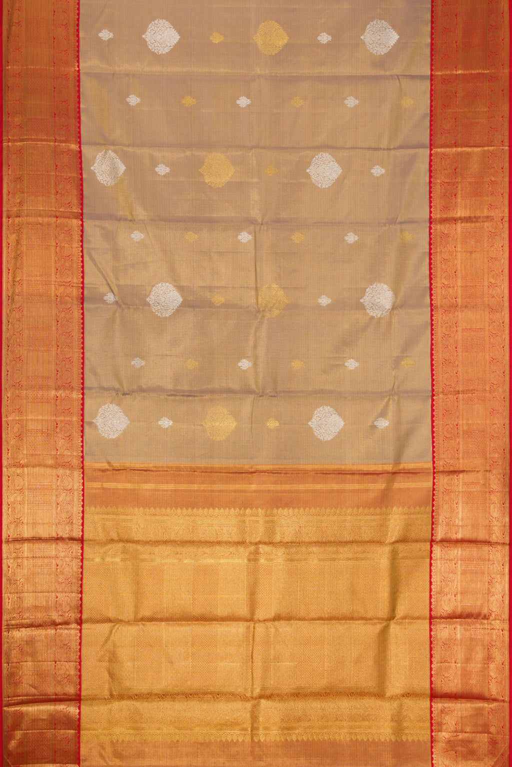 Flat view of Gold Dual Tone Kanjivaram Tissue Silk Saree with Zari Brocade on the body and Zari Border. 