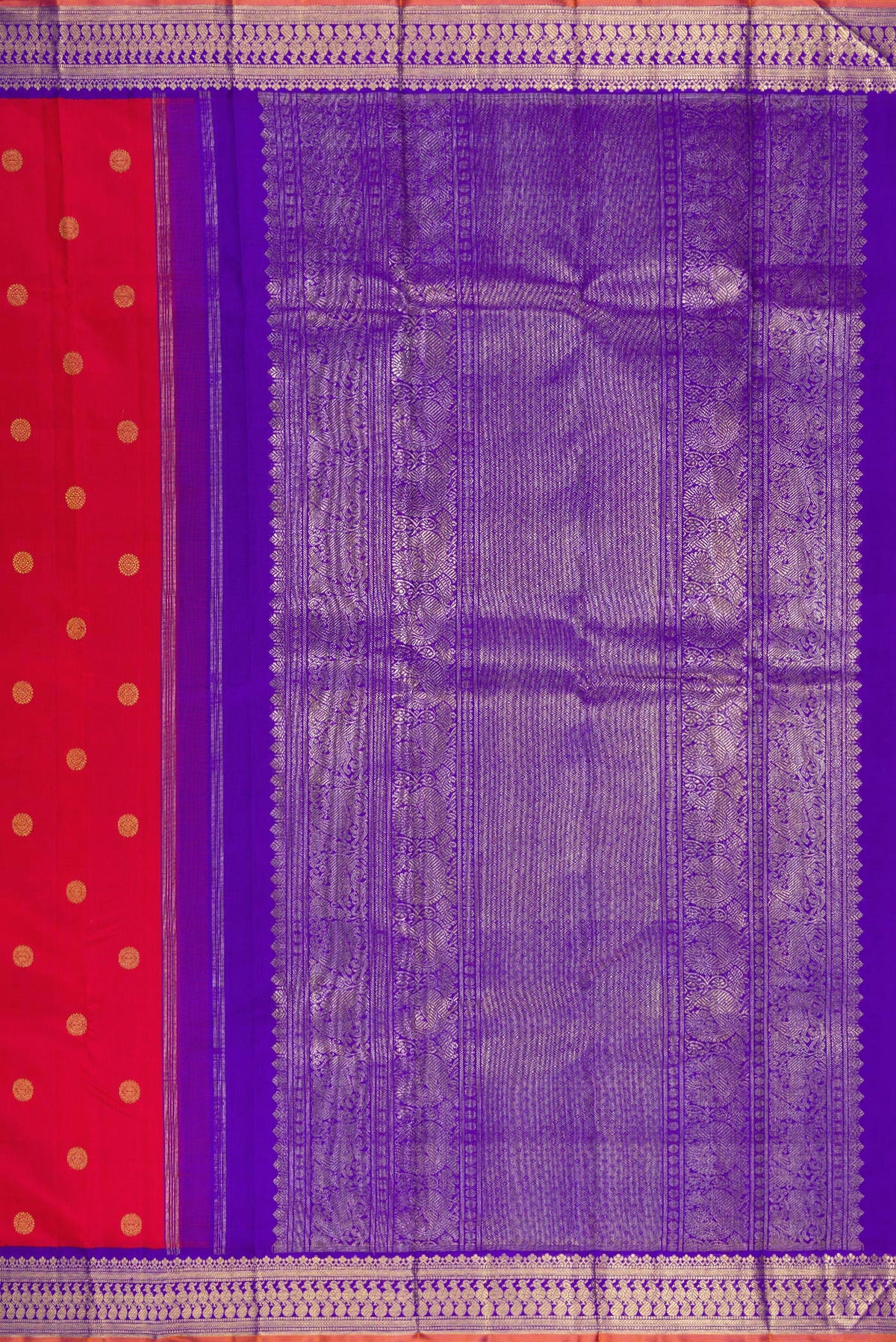 Close up image of the pallu of Pure Silk Pure Zari Red Kanjivaram Saree with Zari Butta on the body and Fancy Border. 