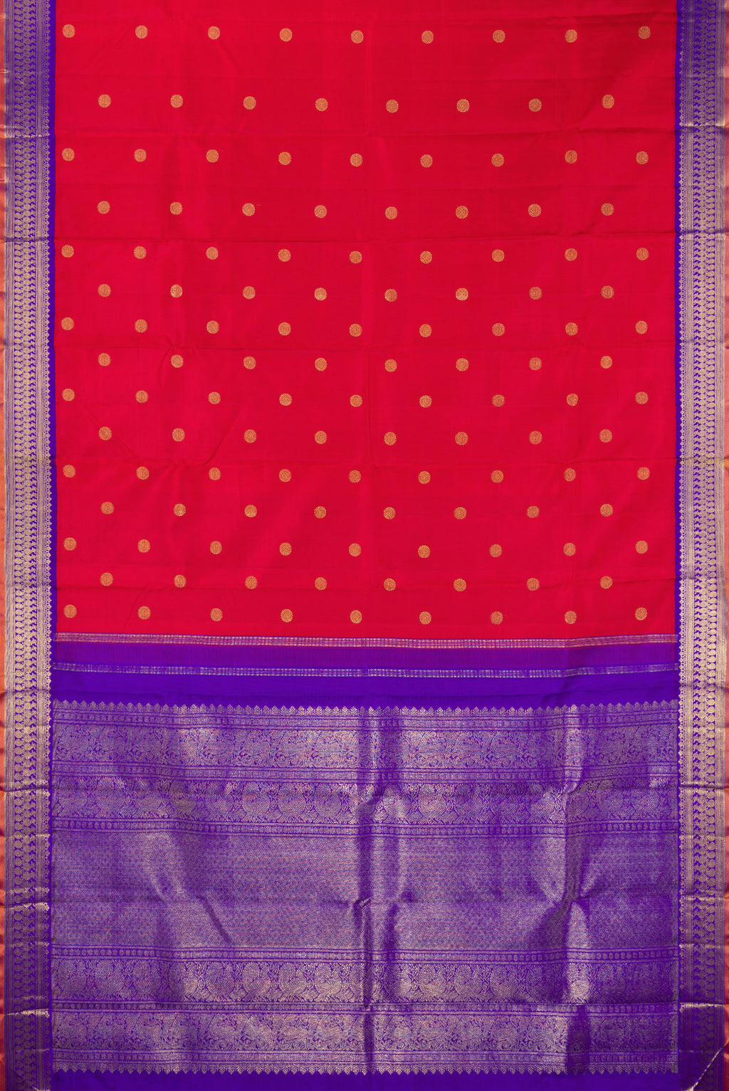Flat view of Pure Silk Pure Zari Red Kanjivaram Saree with Zari Butta on the body and Fancy Border. 