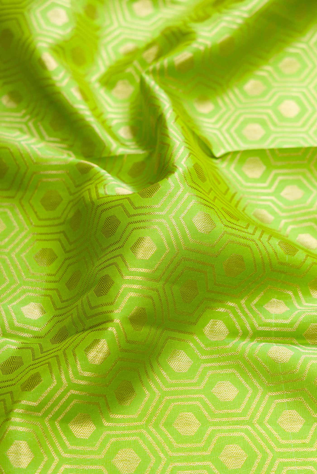 Close up of Parrot Green Dual Tone Kanchipuram Silk Saree with Zari Brocade on the body and Zari Border displaying folds