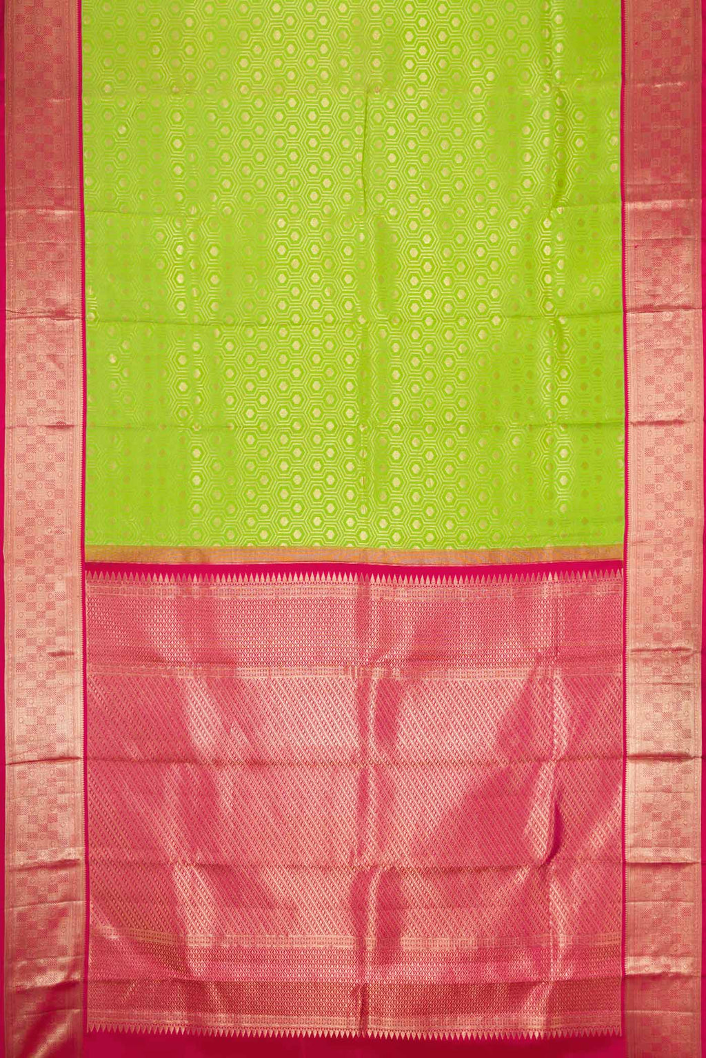Flat view of Parrot Green Dual Tone Kanchipuram Silk Saree with Zari Brocade on the body and Zari Border