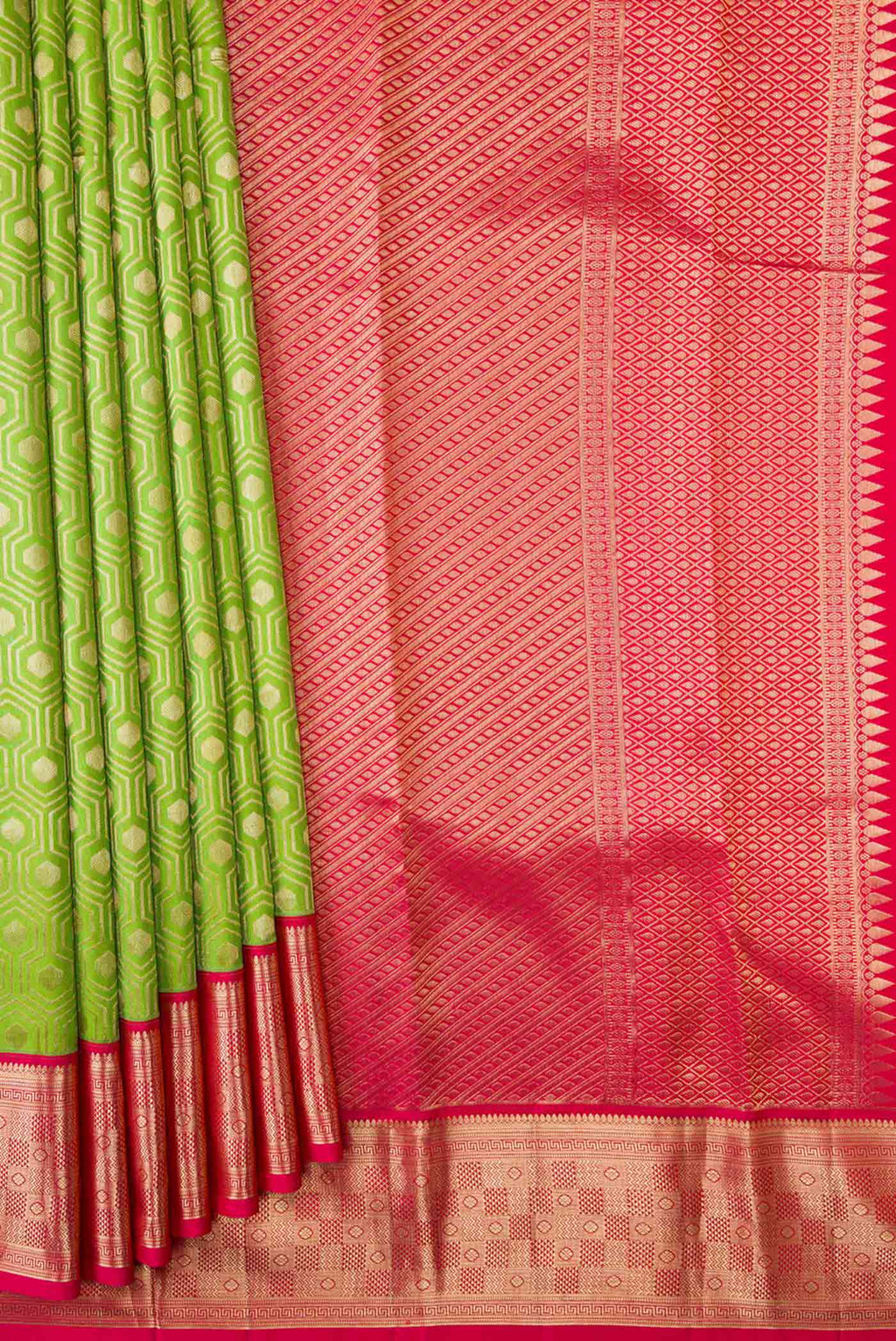 Pleats and pallu of Parrot Green Dual Tone Kanchipuram Silk Saree with Zari Brocade on the body and Zari Border