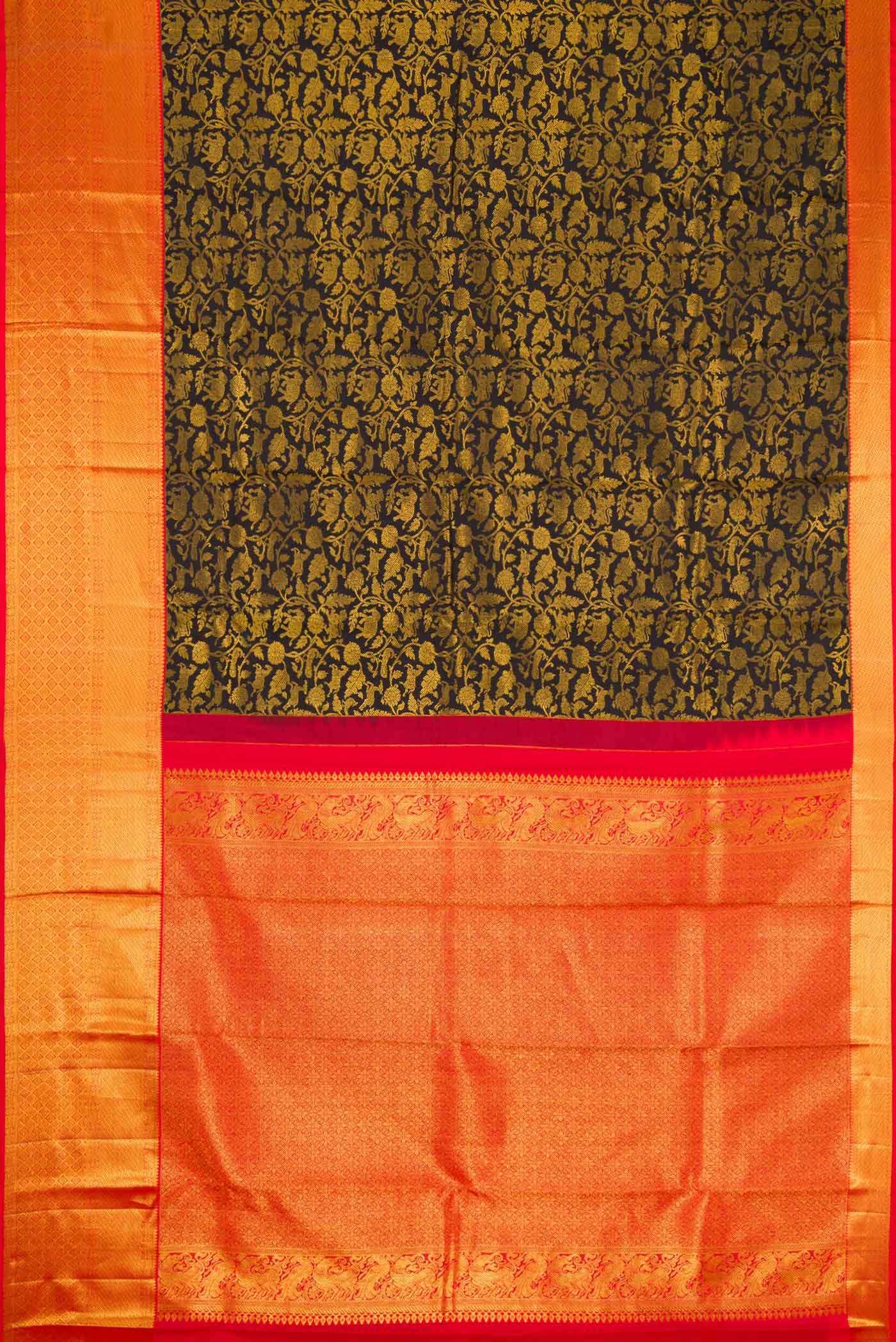 Flat view of Black Dual Tone Kanjivaram Silk Saree with Zari Brocade on the body and Zari Border. 