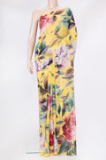 Yellow Mysore Chiffon Saree with Printed design on the body and Without Border.  displayed on a mannequin