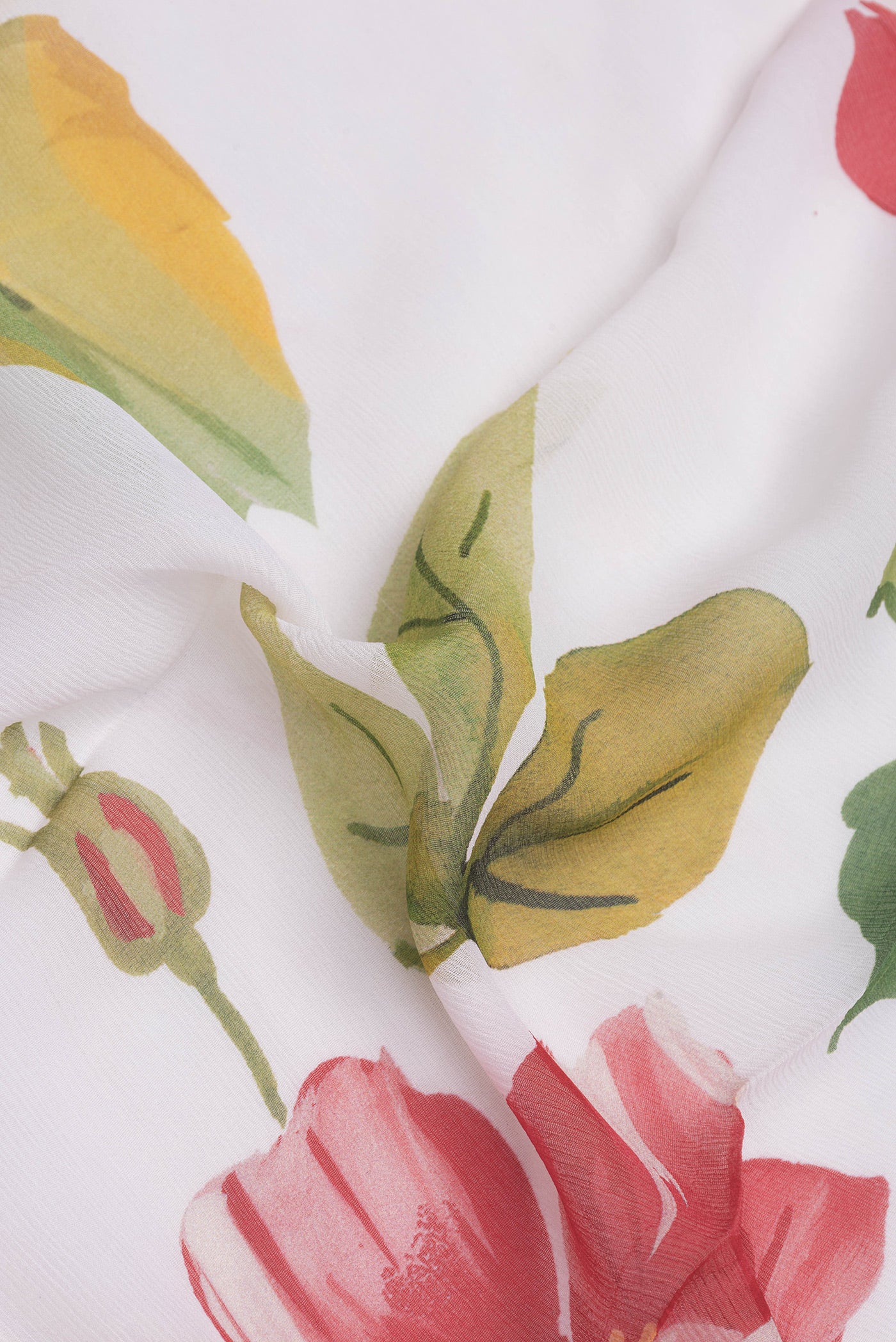 Close up of Off White Dual Tone Mysore Chiffon Saree with Printed design on the body and Without Border.  displaying folds