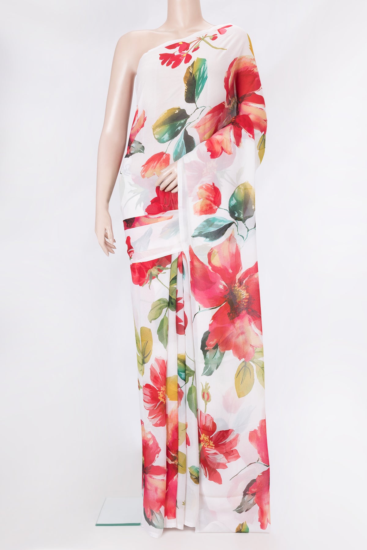 Off White Dual Tone Mysore Chiffon Saree with Printed design on the body and Without Border.  displayed on a mannequin
