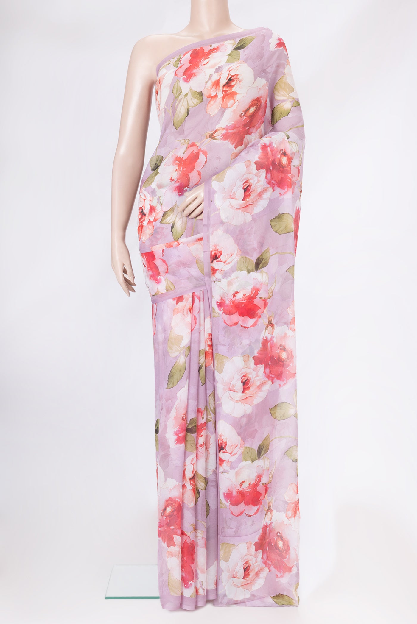 Lilac Mysore Chiffon Saree with Printed design on the body and Plain Border.  displayed on a mannequin