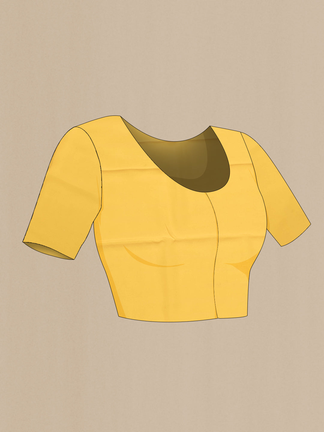 Close up image of the blouse of Yellow Mysore Chiffon Saree with Printed design on the body and Plain Border. 