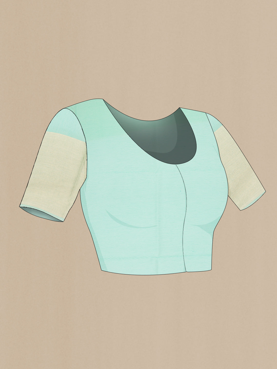 Close up image of the blouse of Sea Green Dual Tone Organza Silk Saree with Embroidery on the body and Fancy Border. 