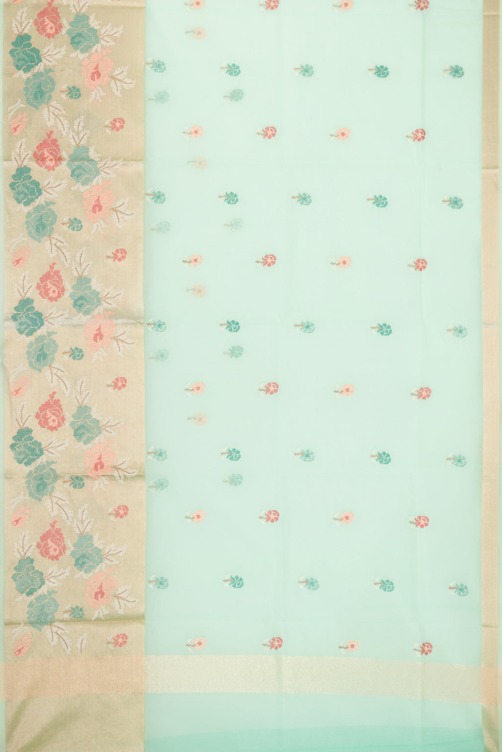 Flat view of Sea Green Dual Tone Organza Silk Saree with Embroidery on the body and Fancy Border. 