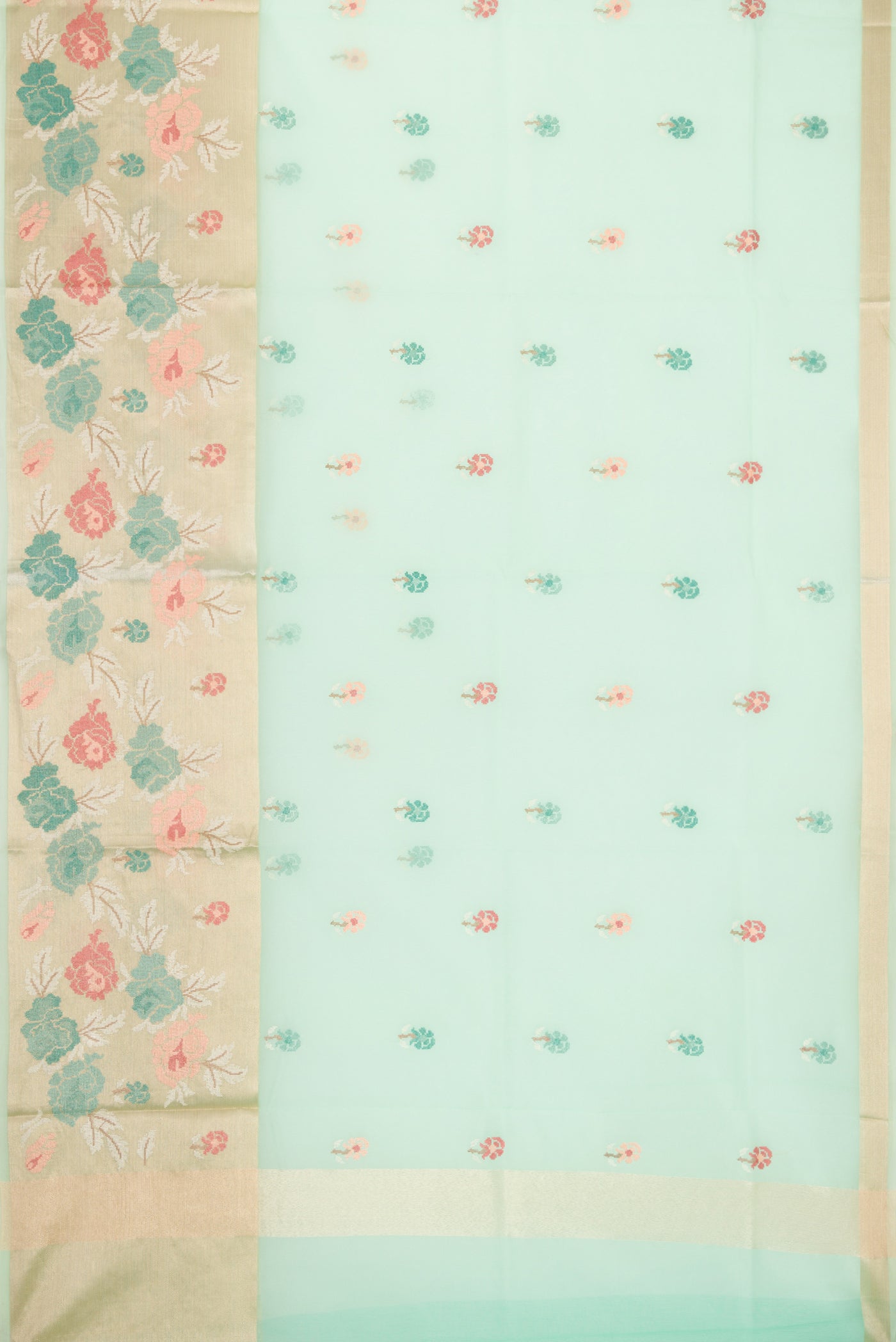 Flat view of Sea Green Dual Tone Organza Silk Saree with Embroidery on the body and Fancy Border. 