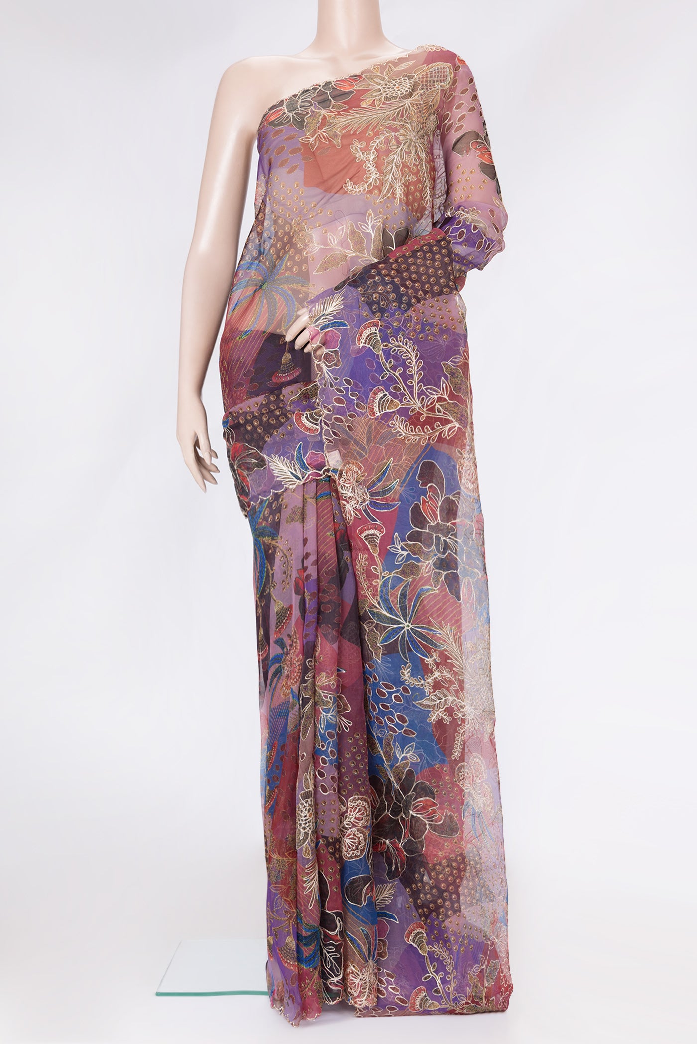 Purple Dual Tone Organza Silk Saree with Printed design on the body and Embroidery Border.  displayed on a mannequin