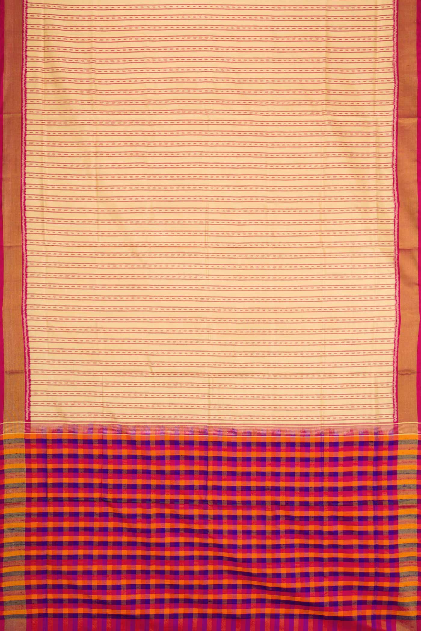 Flat view of Sandal Dual Tone Rajkot Patola Silk Saree with Ikat Print on the body and Zari Border