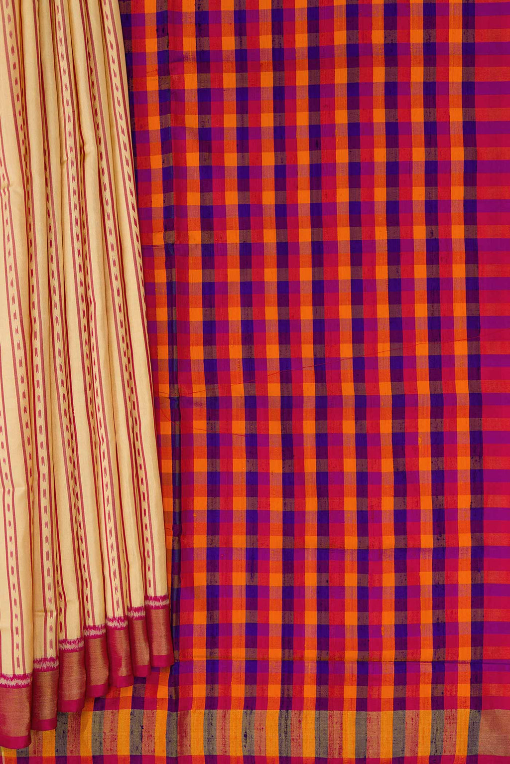 Pleats and pallu of Sandal Dual Tone Rajkot Patola Silk Saree with Ikat Print on the body and Zari Border