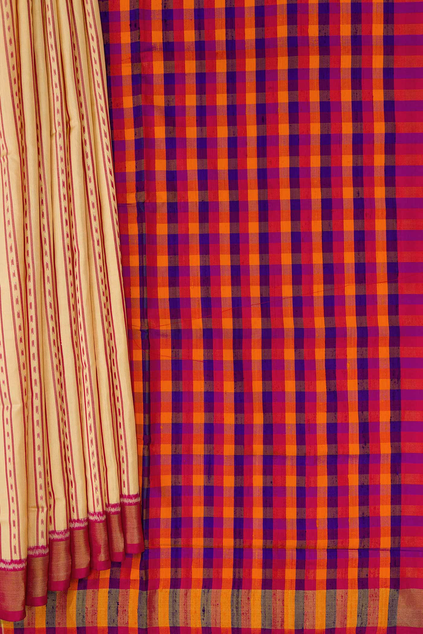 Pleats and pallu of Sandal Dual Tone Rajkot Patola Silk Saree with Ikat Print on the body and Zari Border
