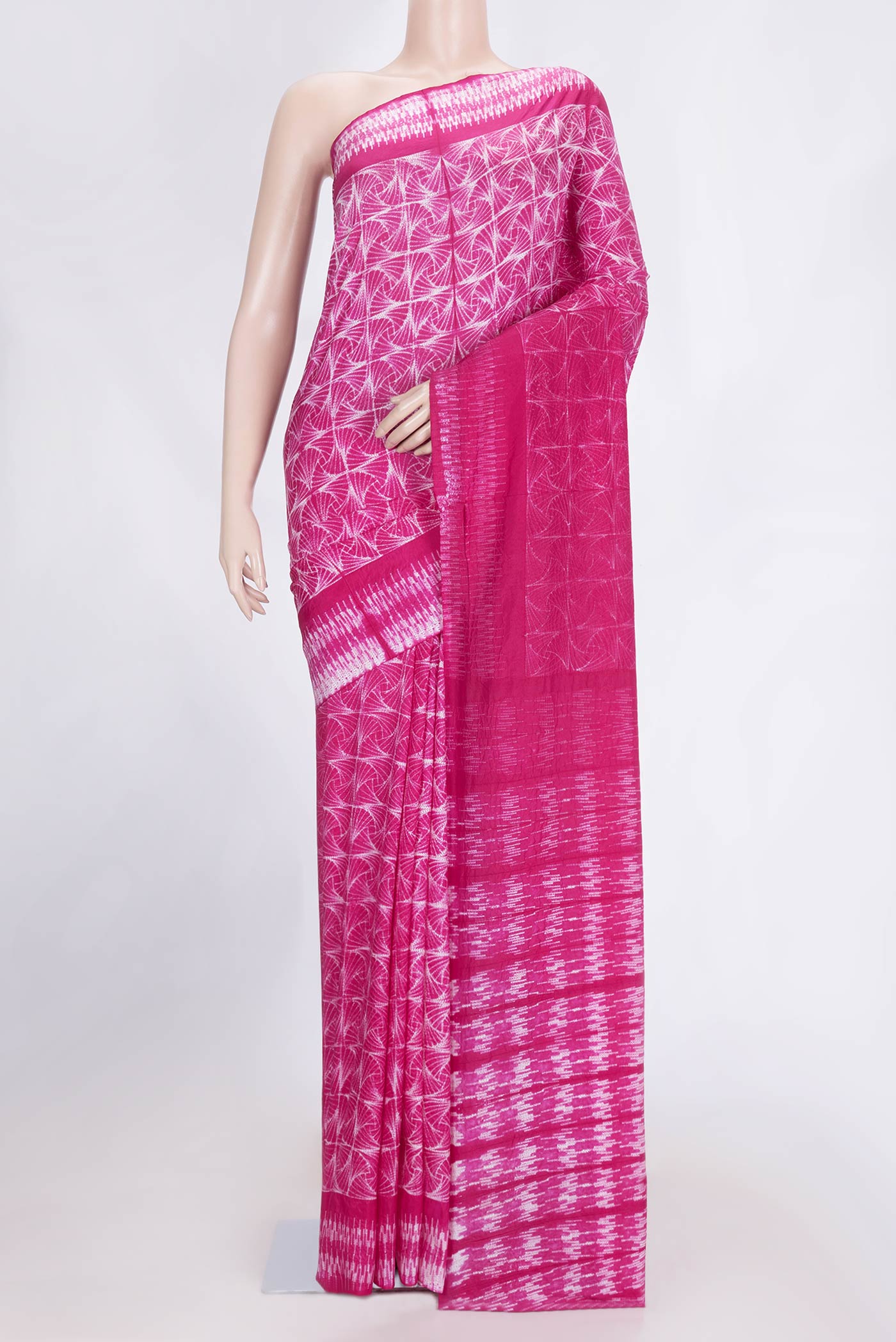 Pink Dual Tone Tussar Saree with Printed design on the body and Printed Border.  displayed on a mannequin