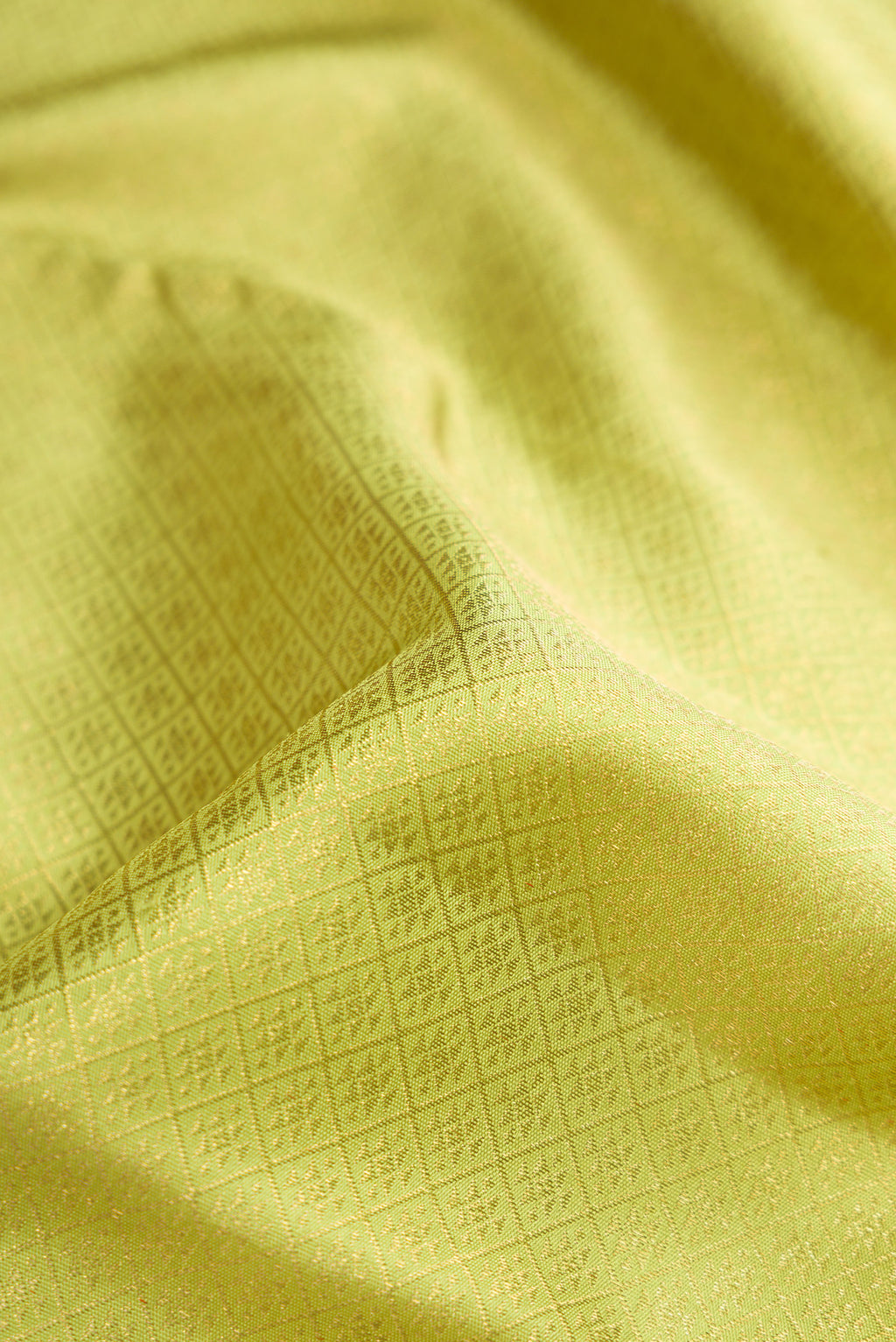 Close up of Pure Silk Pure Zari Parrot Green Dual Tone Kanjivaram Saree with Zari Brocade on the body and Zari Border.  displaying folds