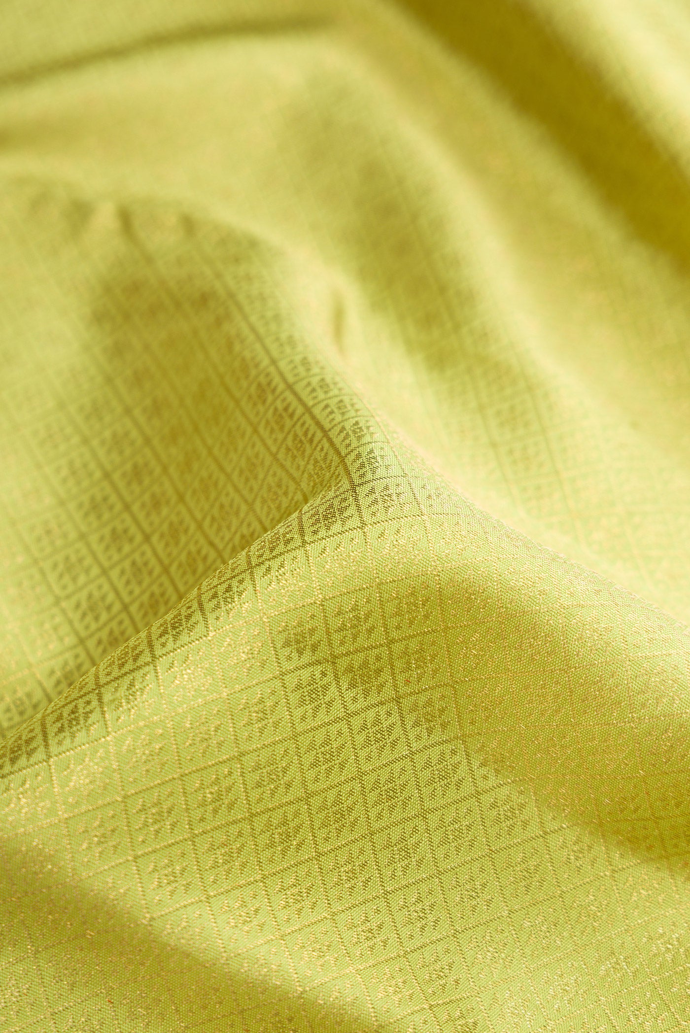 Close up of Pure Silk Pure Zari Parrot Green Dual Tone Kanjivaram Saree with Zari Brocade on the body and Zari Border.  displaying folds