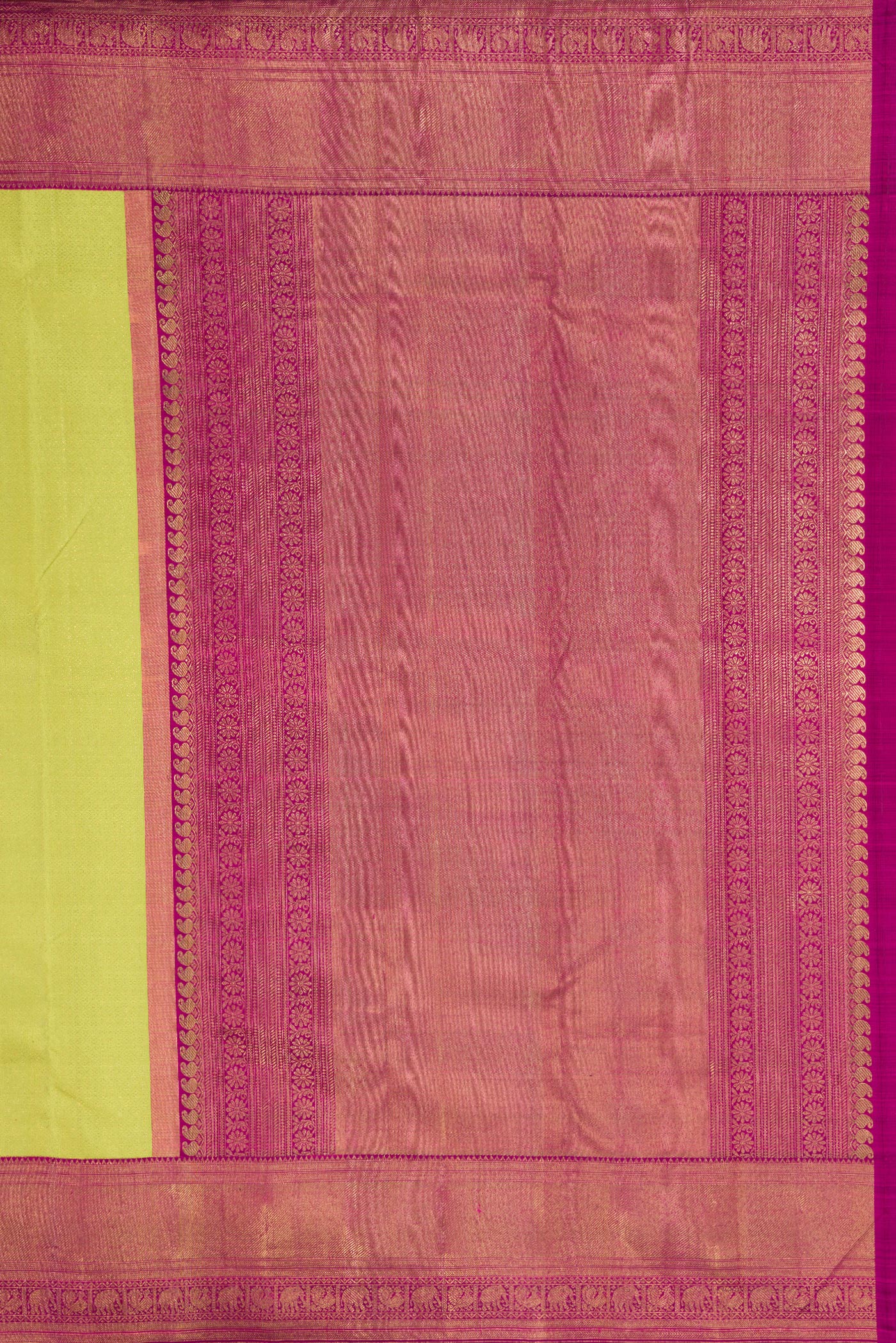 Close up image of the pallu of Pure Silk Pure Zari Parrot Green Dual Tone Kanjivaram Saree with Zari Brocade on the body and Zari Border. 