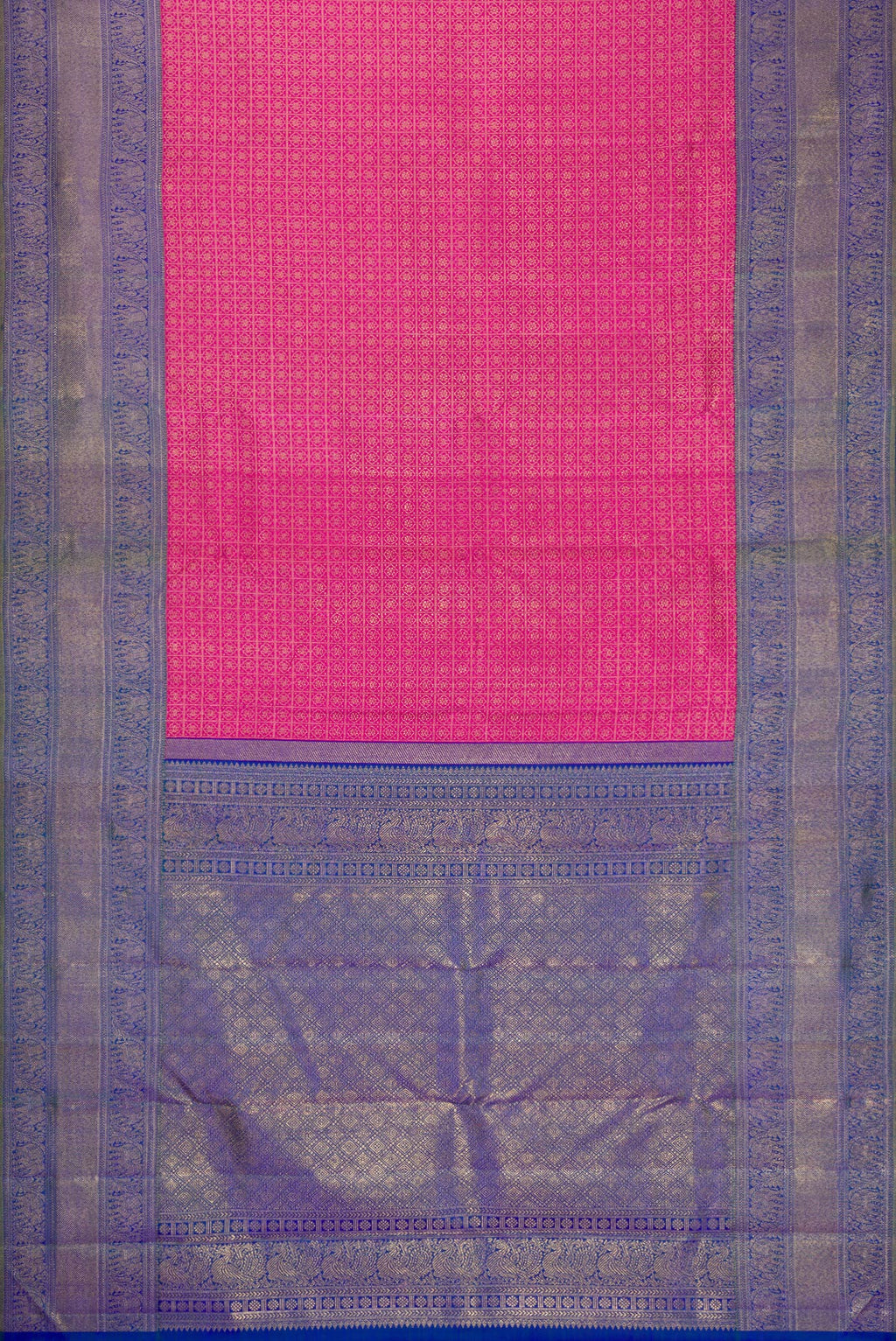 Flat view of Dark Pink Dual Tone Kanjivaram Silk Saree with Zari Brocade on the body and Zari Border. 