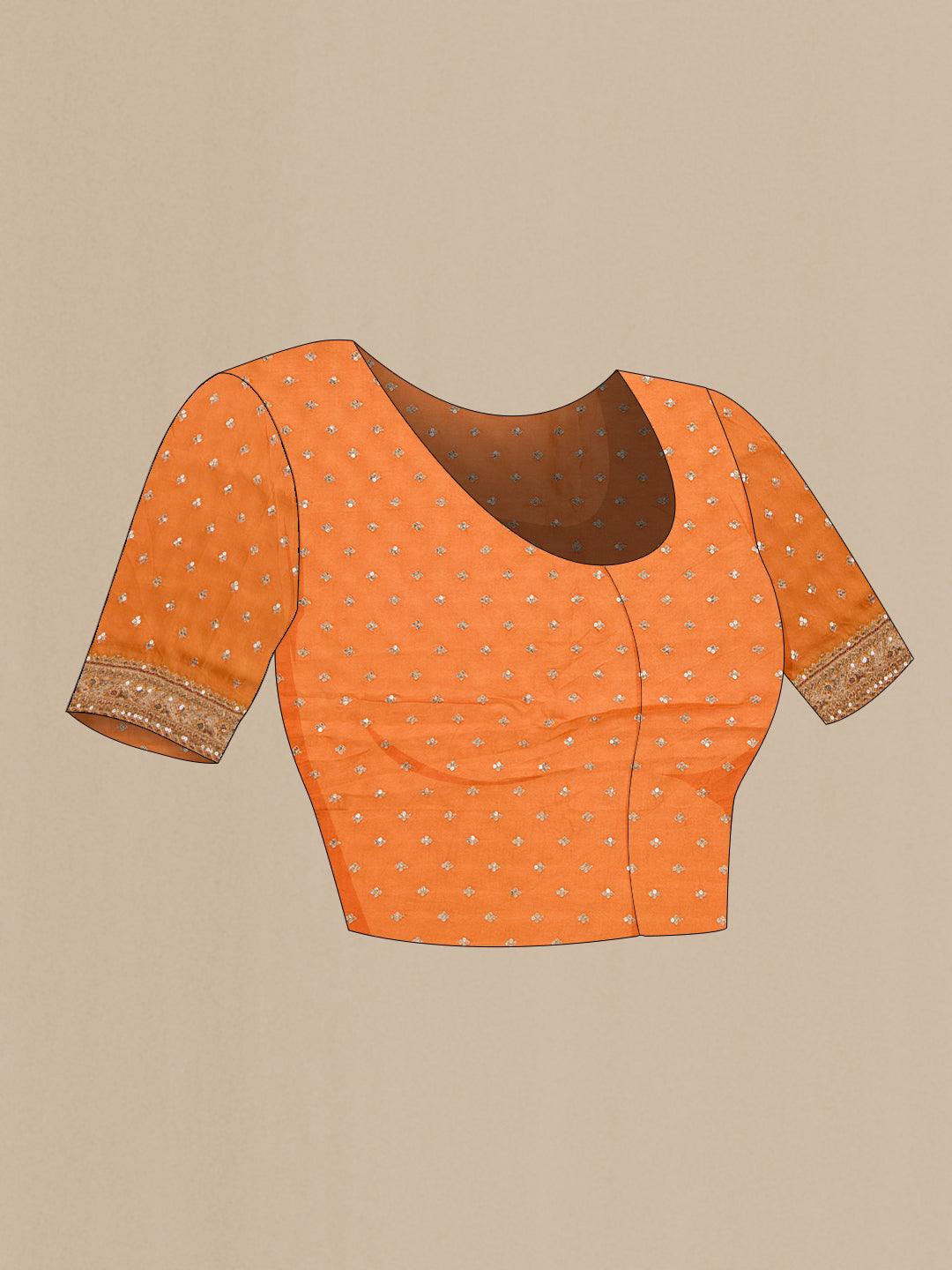 Close up image of the blouse of Orange Dual Tone Organza Silk Saree with Printed design on the body and Embroidery Border. 