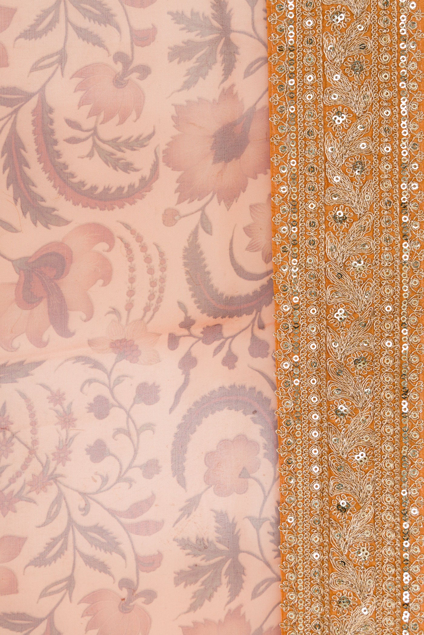 Border image of Orange Dual Tone Organza Silk Saree with Printed design on the body and Embroidery Border. 