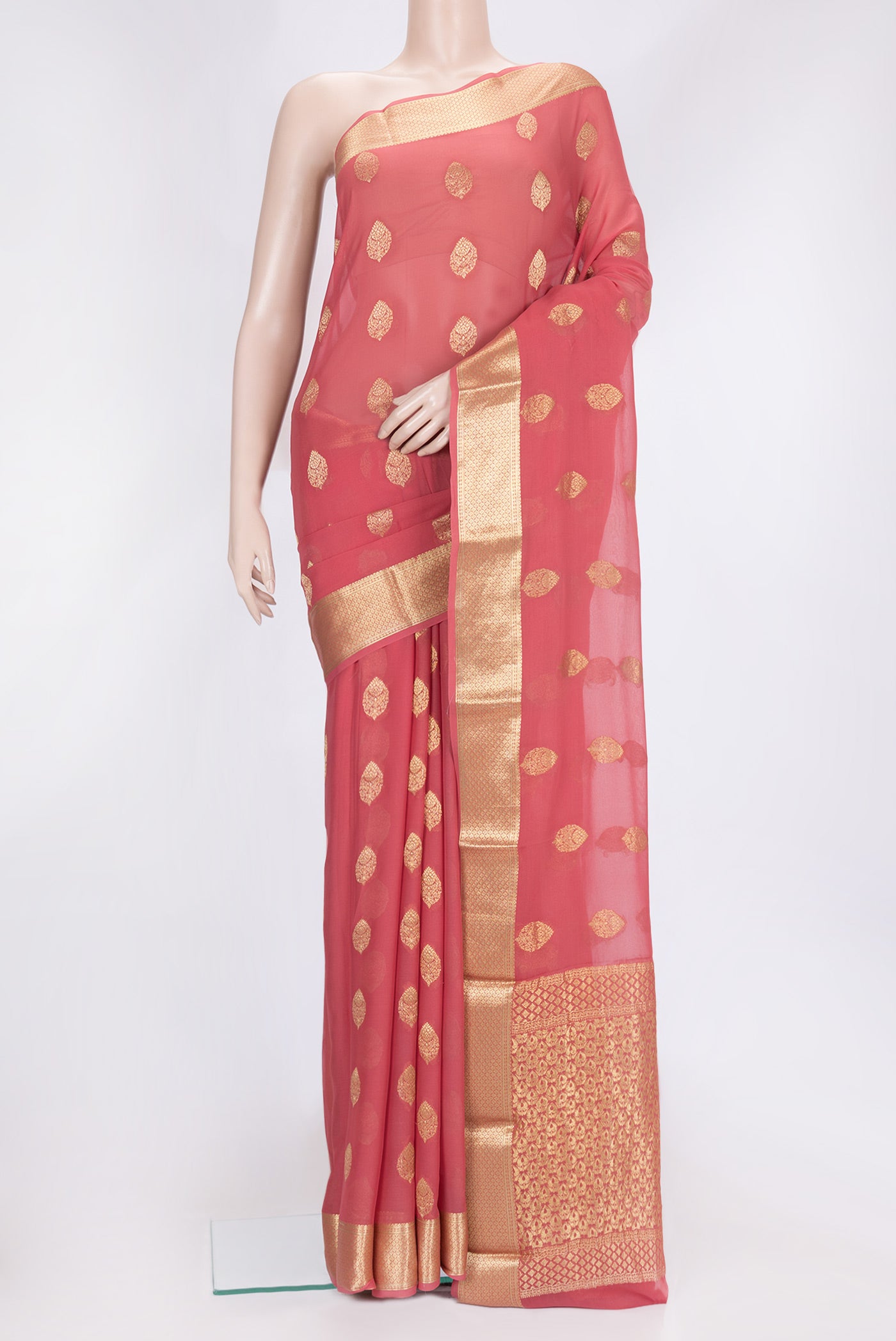 Pink Dual Tone Mysore Georgette Saree with Zari Butta on the body and Zari Border.  displayed on a mannequin