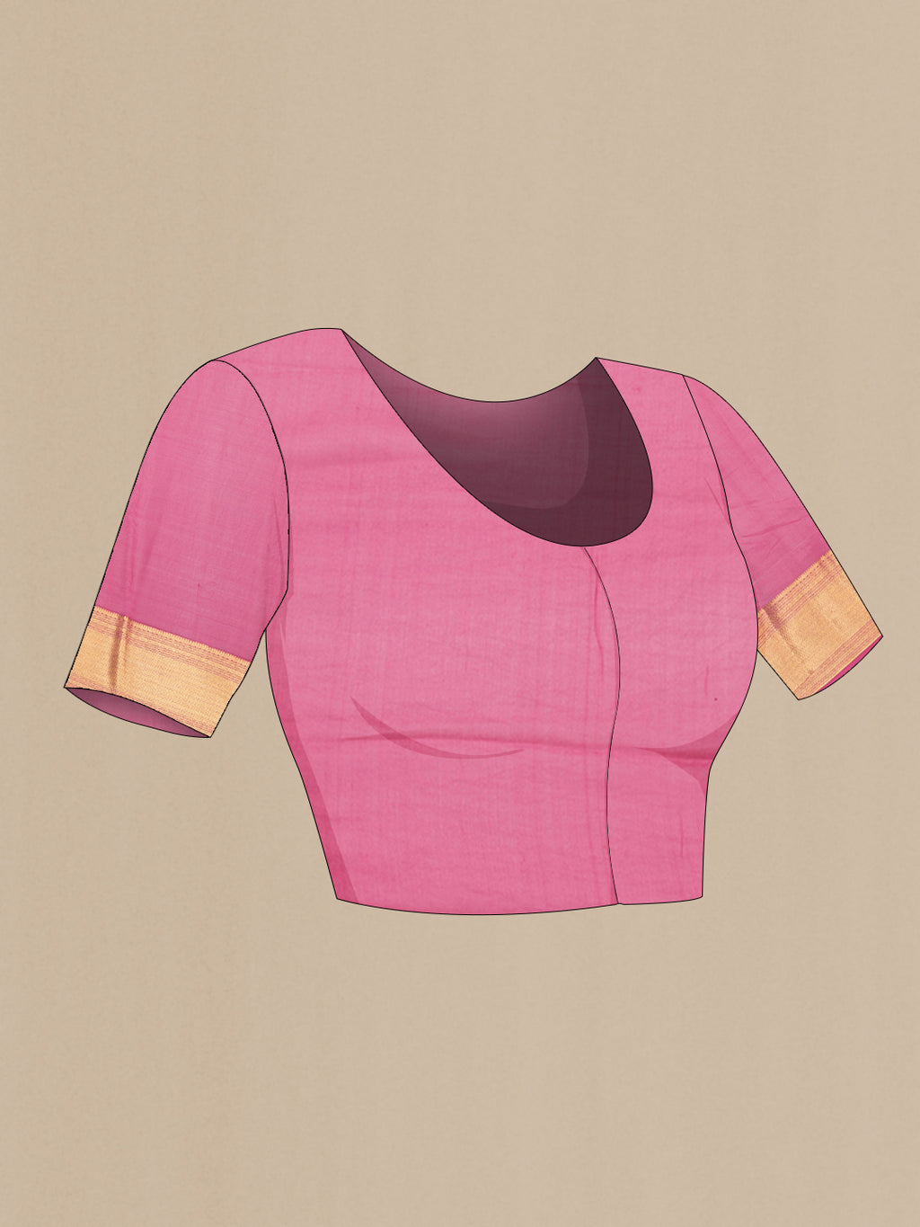 Close up image of the blouse of Pink Mysore Georgette Saree with Zari Brocade on the body and Zari Border. 