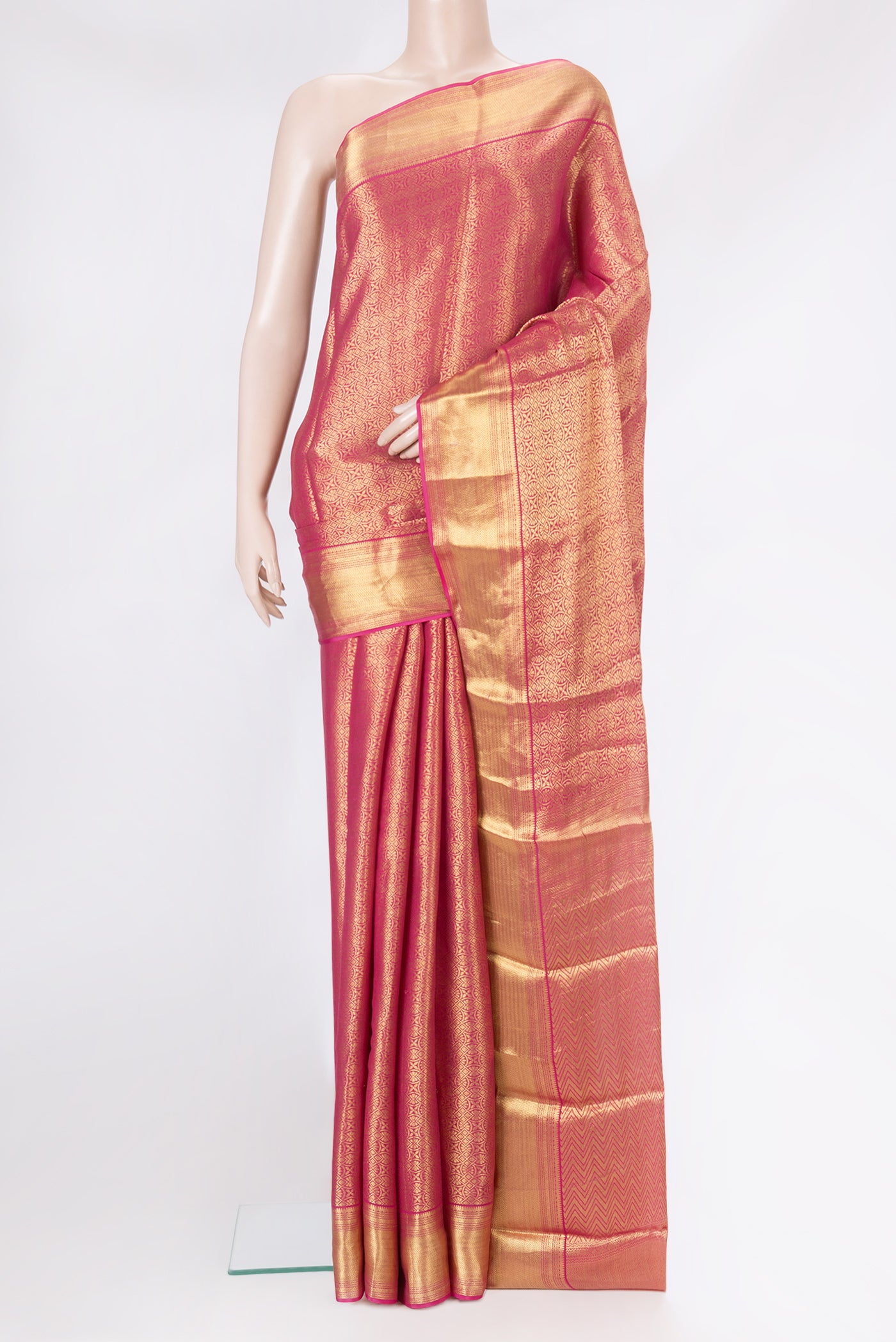 Pink Mysore Georgette Saree with Zari Brocade on the body and Zari Border.  displayed on a mannequin